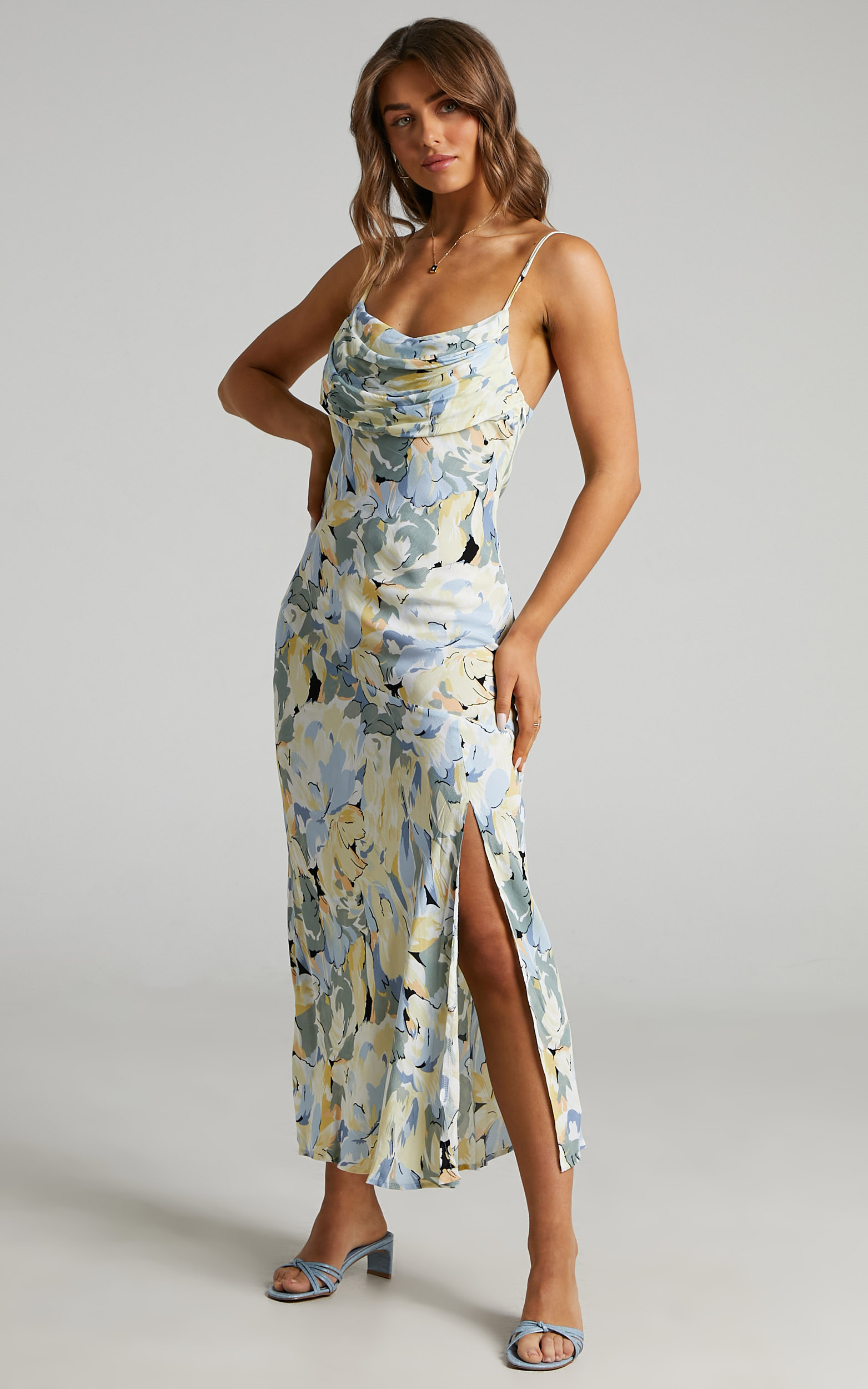 Lindie Midi Slip  Dress in Blue Foral - 06, BLU1, hi-res image number null