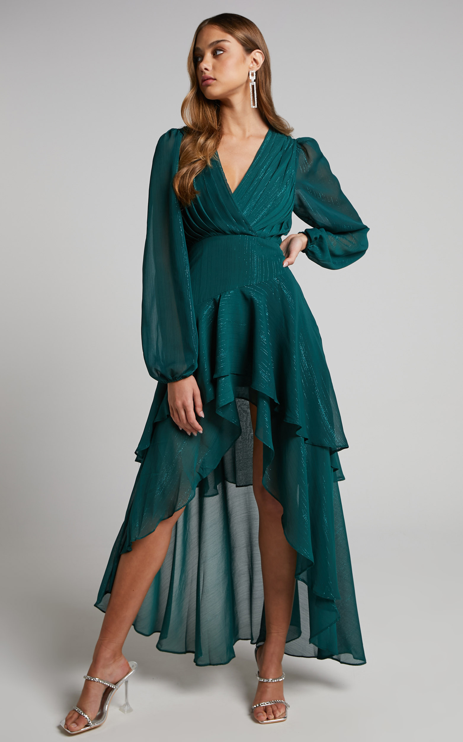 Claudita Maxi Dress - Long Sleeve High Low Hem Dress in Emerald - 04, GRN1, hi-res image number null
