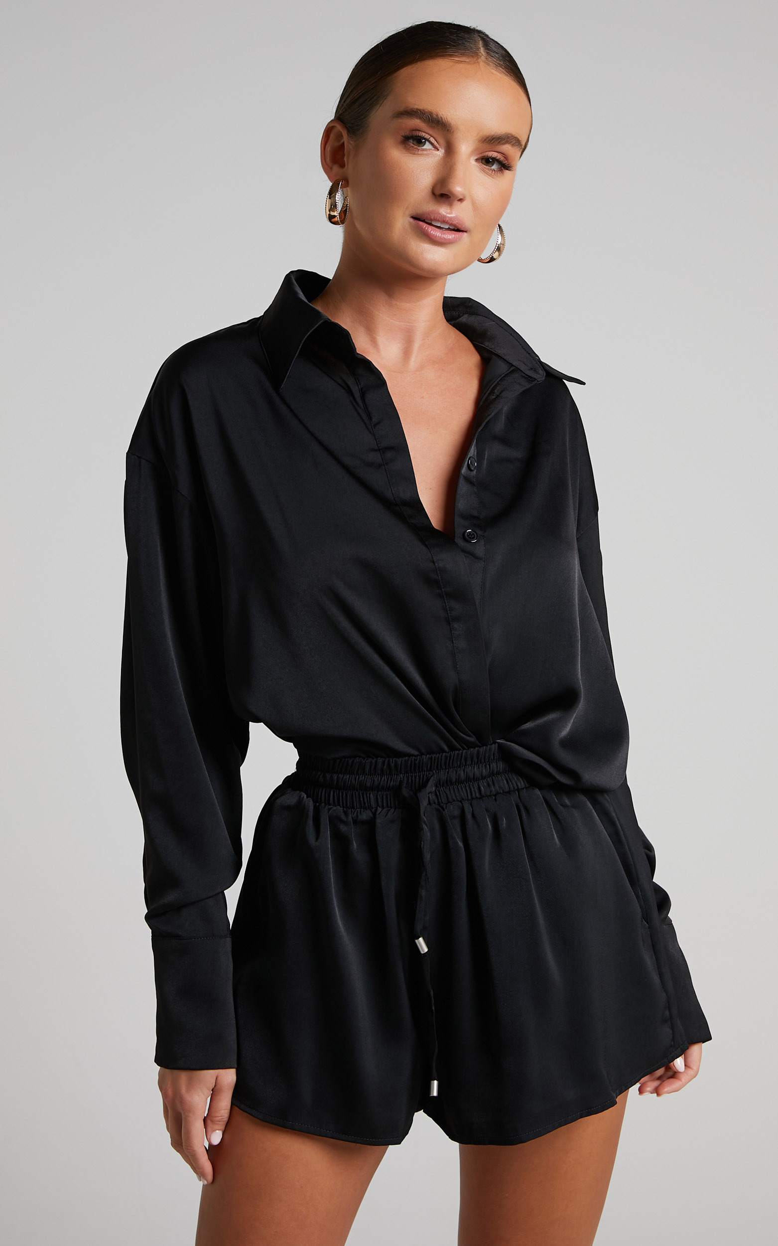 Azurine Oversized Button Up Satin Shirt in Black - 06, BLK1, hi-res image number null