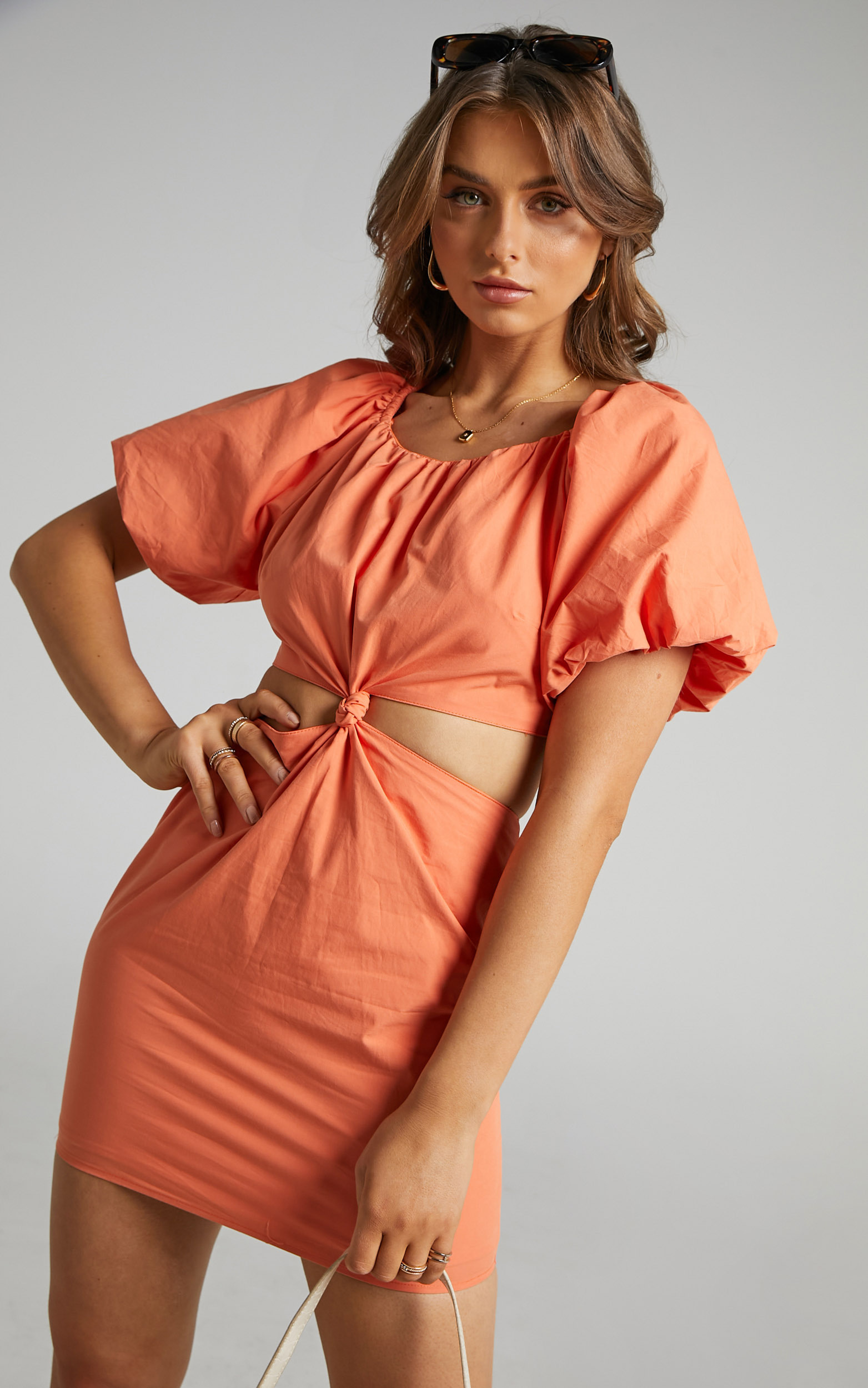 Hyacinth Puff Sleeve Mini Dress with Twist Front in Orange - 08, ORG2, hi-res image number null