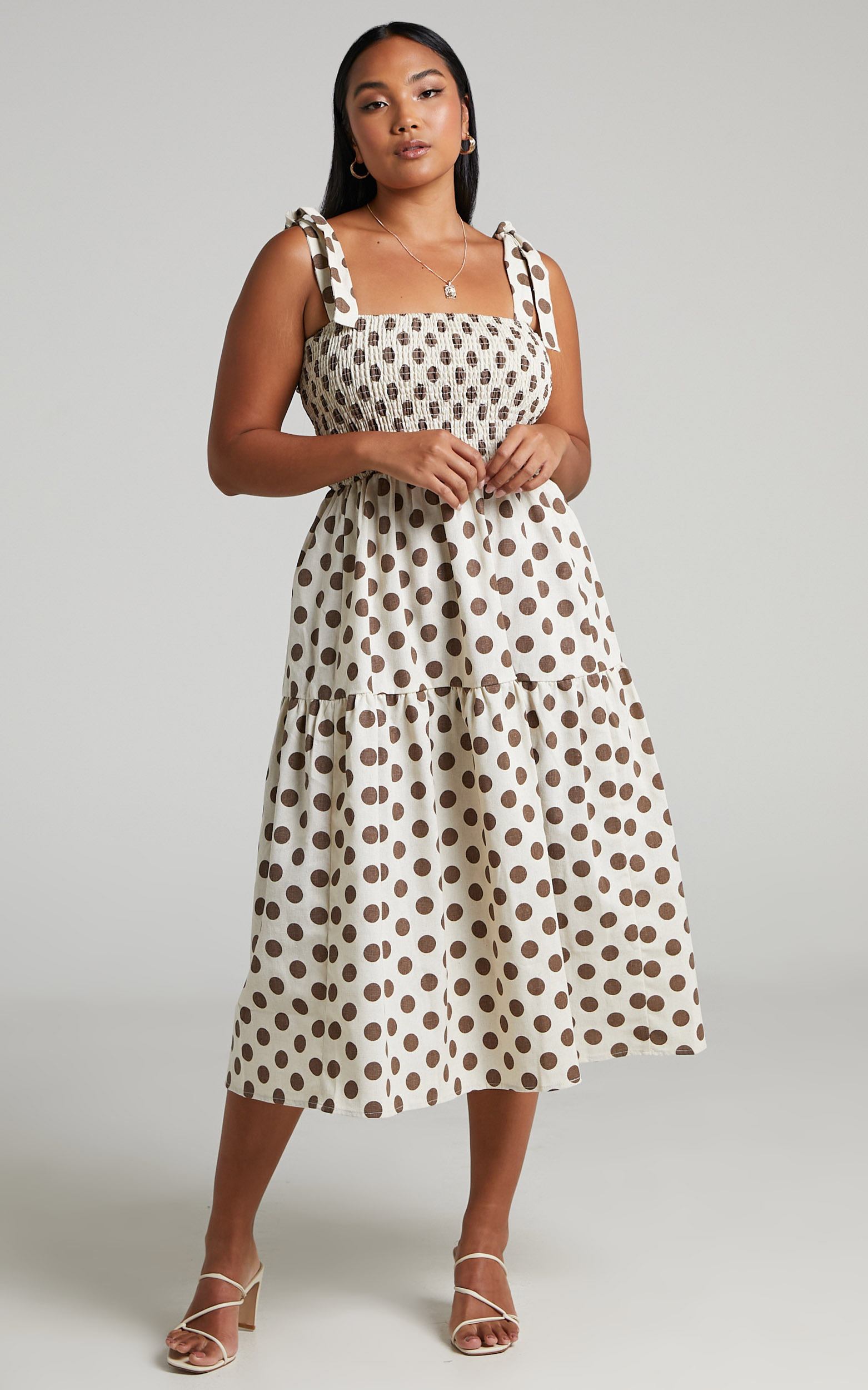 Charine Shirred Bodice Tiered Midi Dress in Mocha Spot - 04, BRN2, hi-res image number null