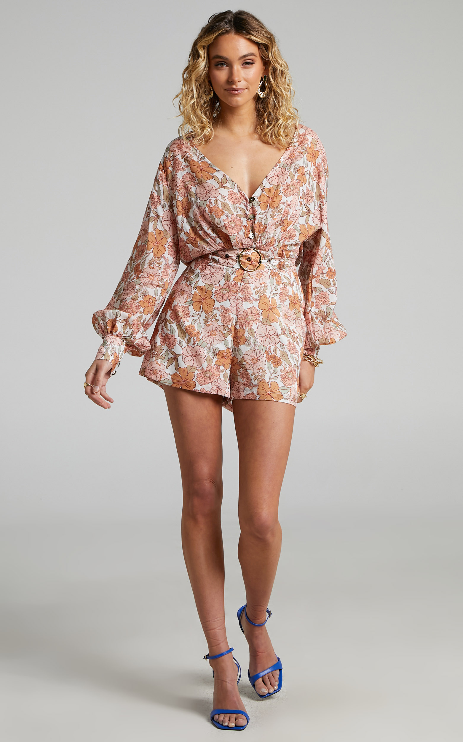 Amalie The Label - Lorete Belted Long Sleeve Playsuit in Wildflower Floral Print - 06, WHT1, hi-res image number null
