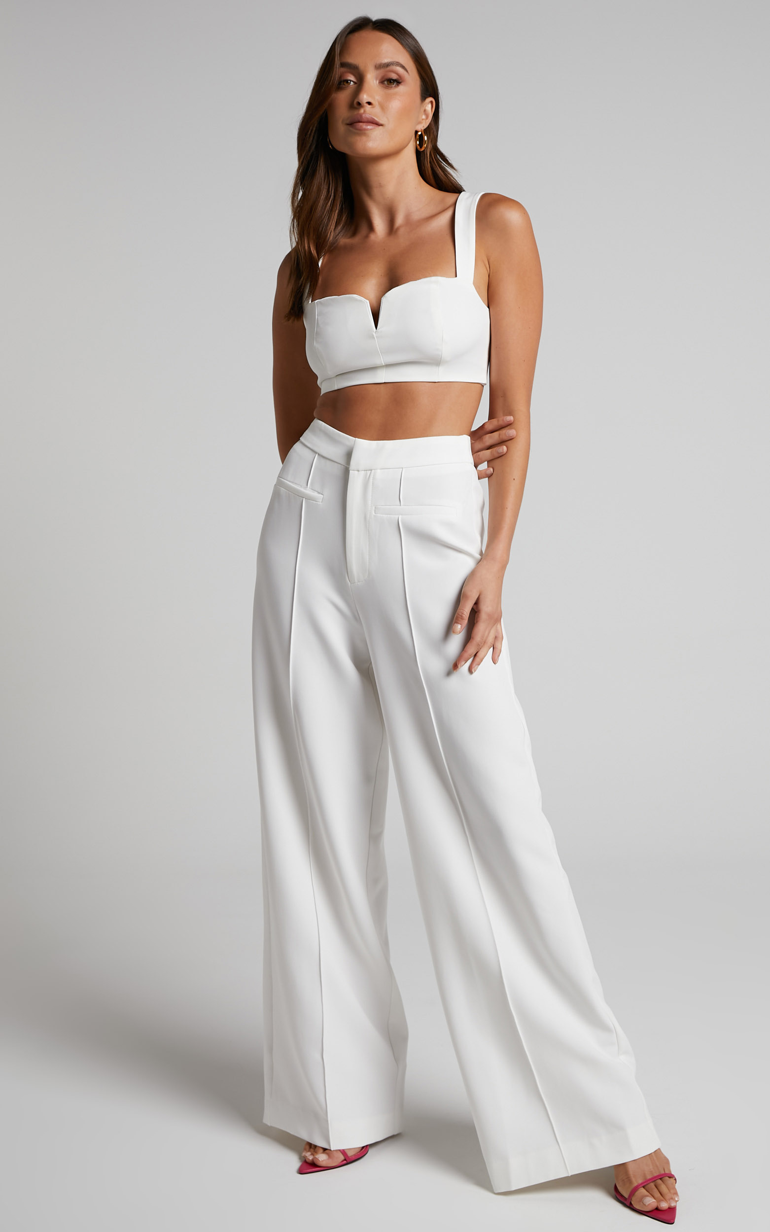 Maida V-Front Crop Top and Wide Leg Pants Two Piece Set in Ivory - 04, WHT1, hi-res image number null