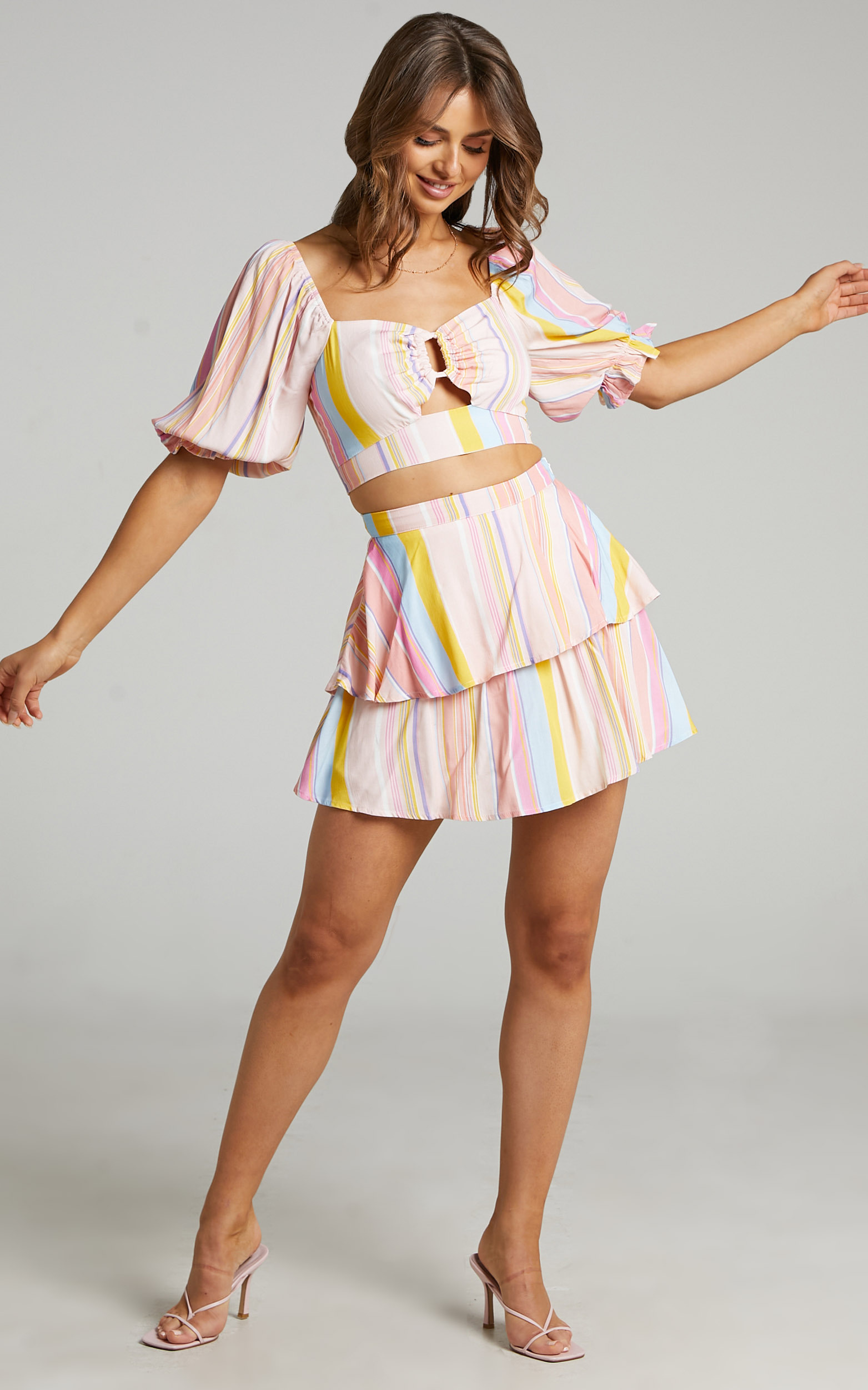 Ressy Tiered Frill Mini Skirt in Summer Multi Stripe - 06, PNK1, hi-res image number null