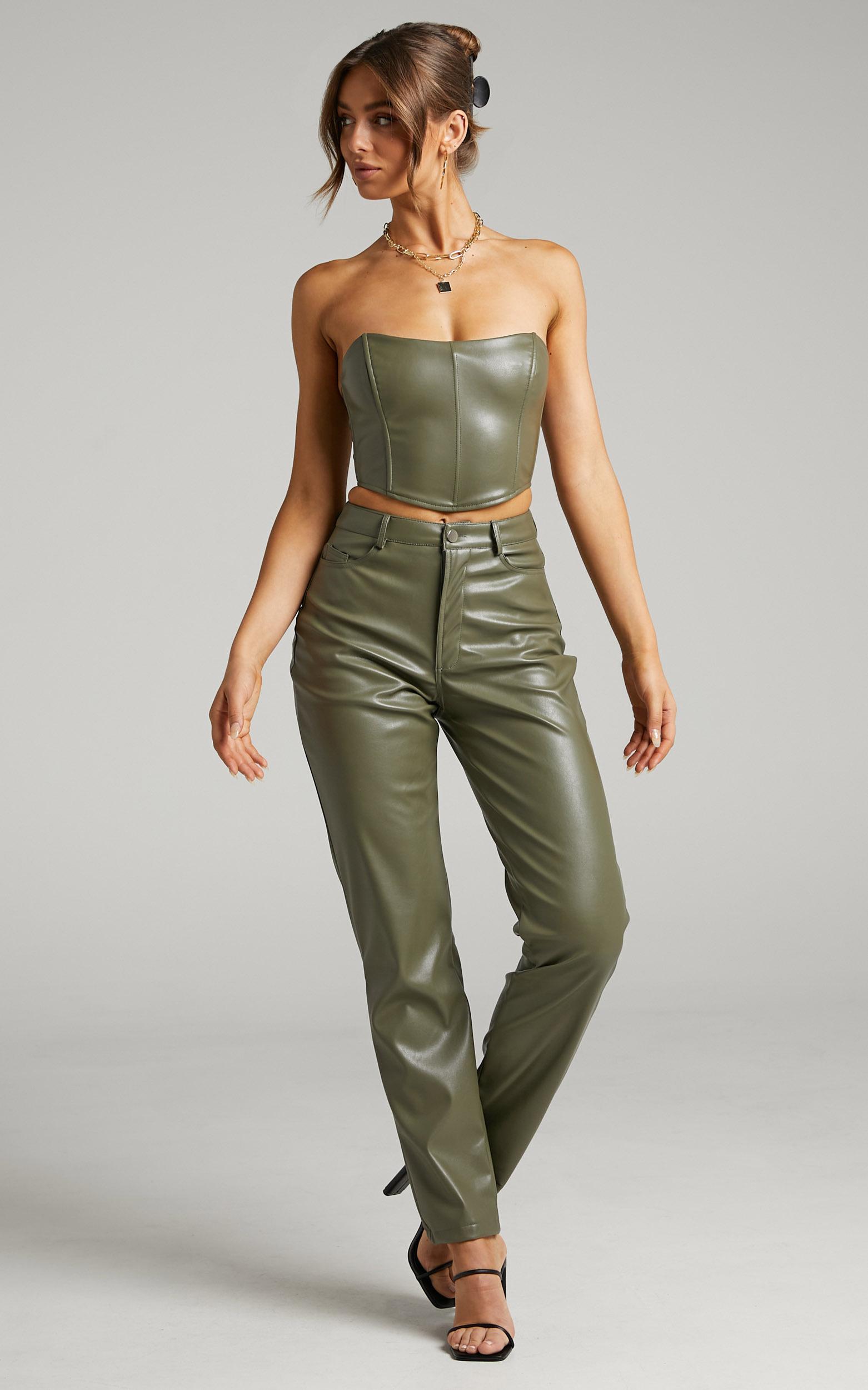 Lorrin Cropped Corset in Olive Leatherette - 06, GRN3, hi-res image number null