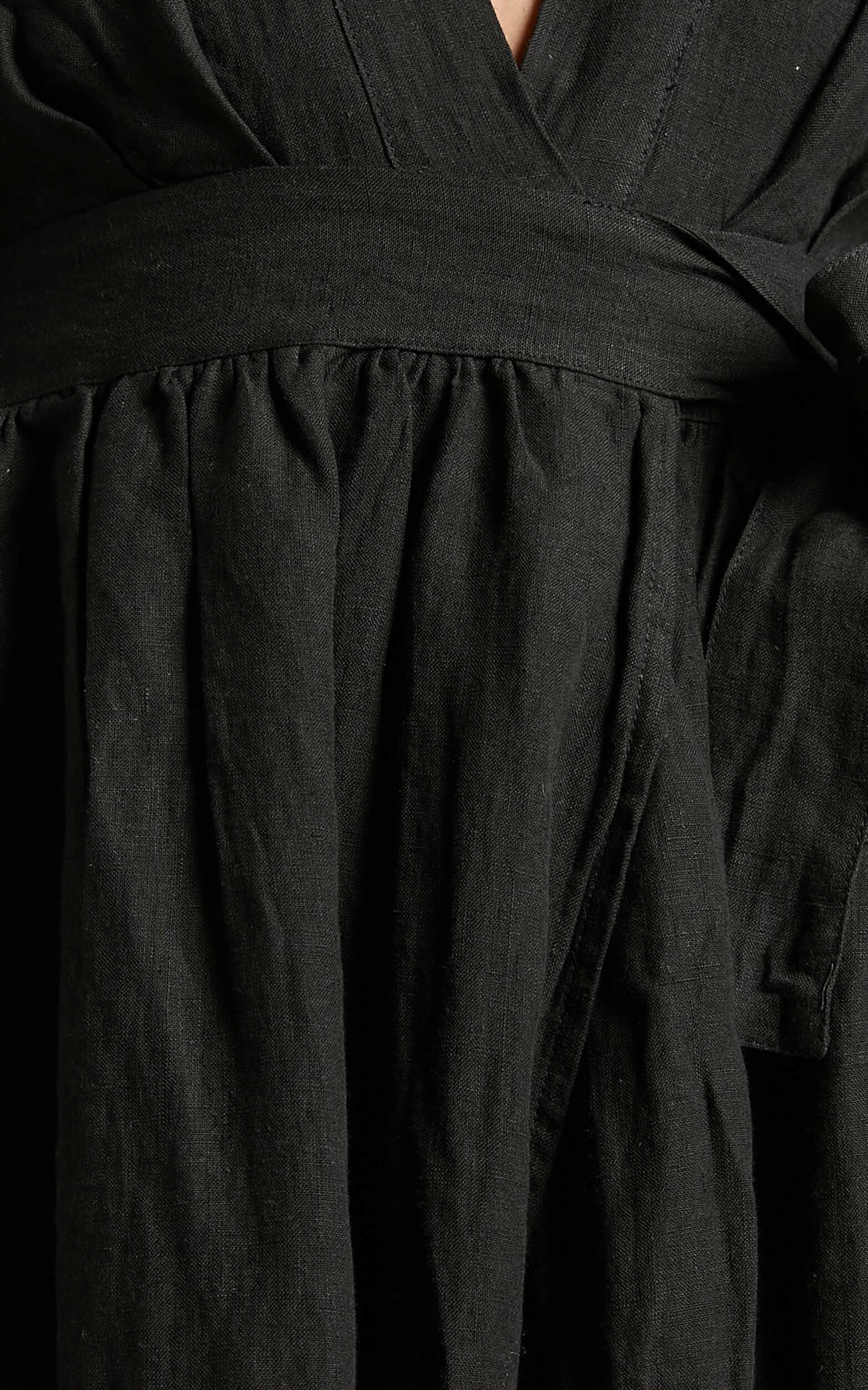 Amalie The Label - Franc Linen Puff Sleeve Wrap Midi Dress in Black ...