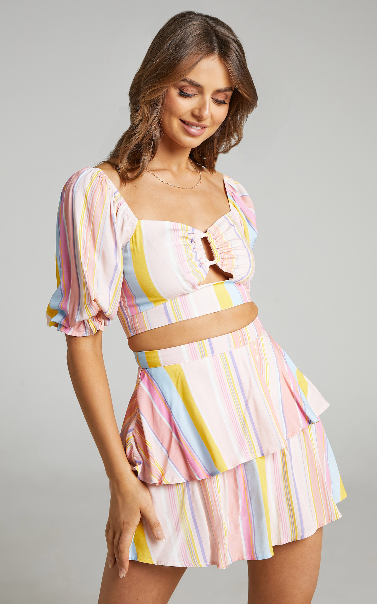 Khaia Puff Sleeve Keyhole Crop Top in Summer Multi Stripe - 06, PNK1, hi-res image number null