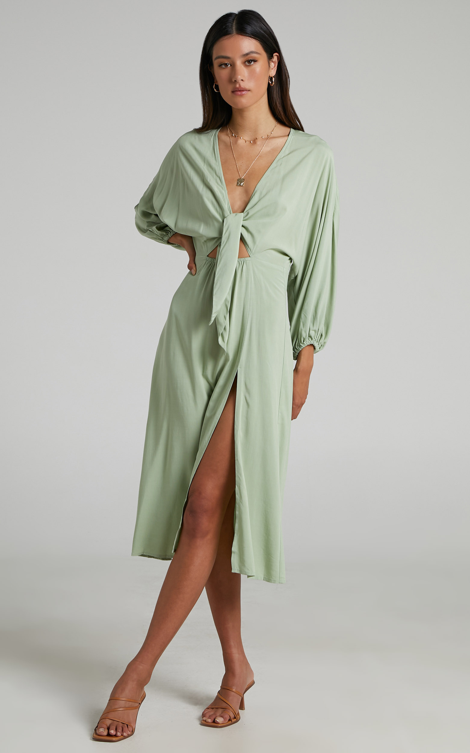 Tyricia Long Sleeve Tie Front Cut Out Midi Dress in Sage - 04, GRN1, hi-res image number null