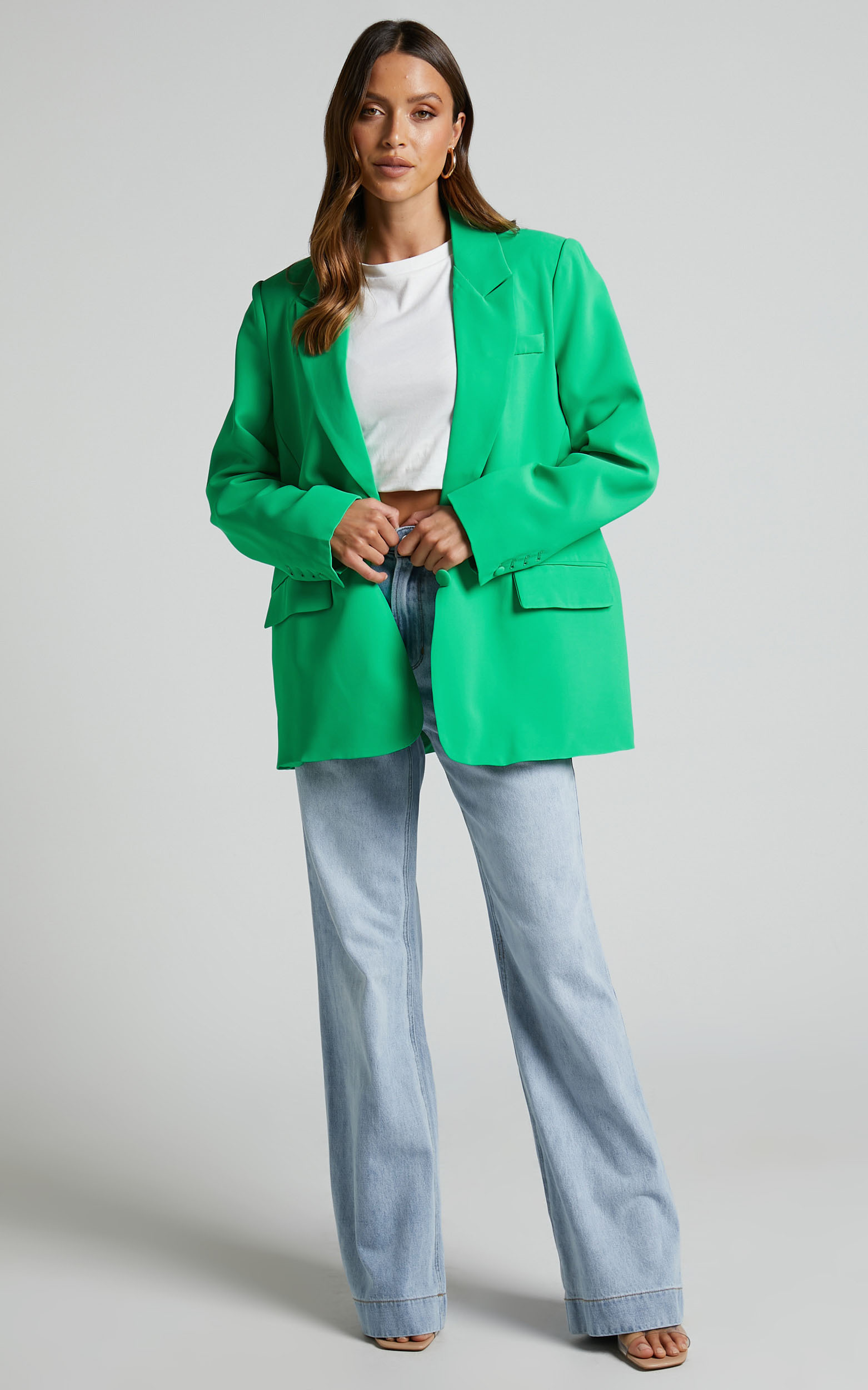 Michelle Blazer - Oversized Plunge Neck Button Up Blazer in Green | Showpo