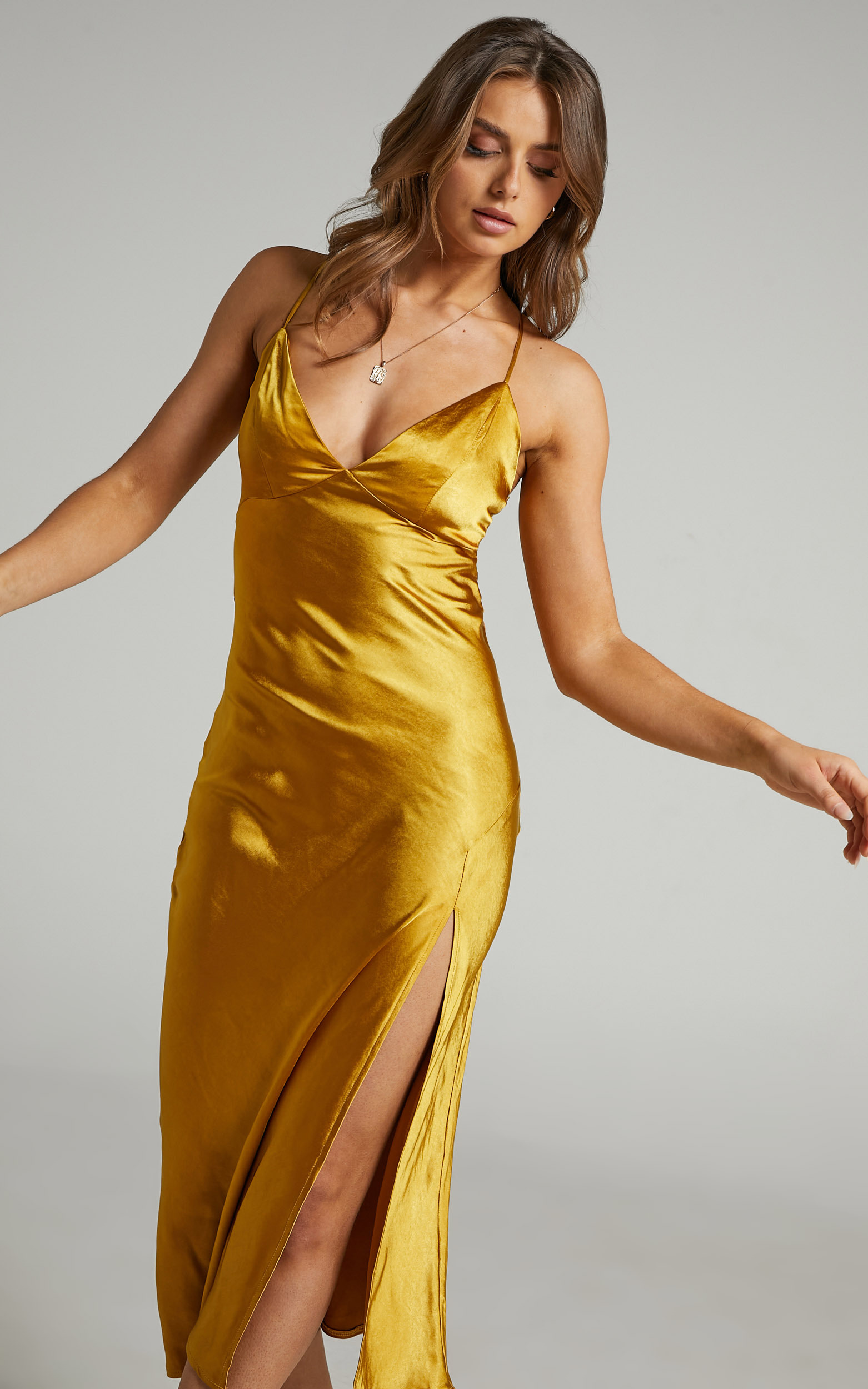 Milabelle Midi Slip Dress in Gold Satin - 04, GLD2, hi-res image number null