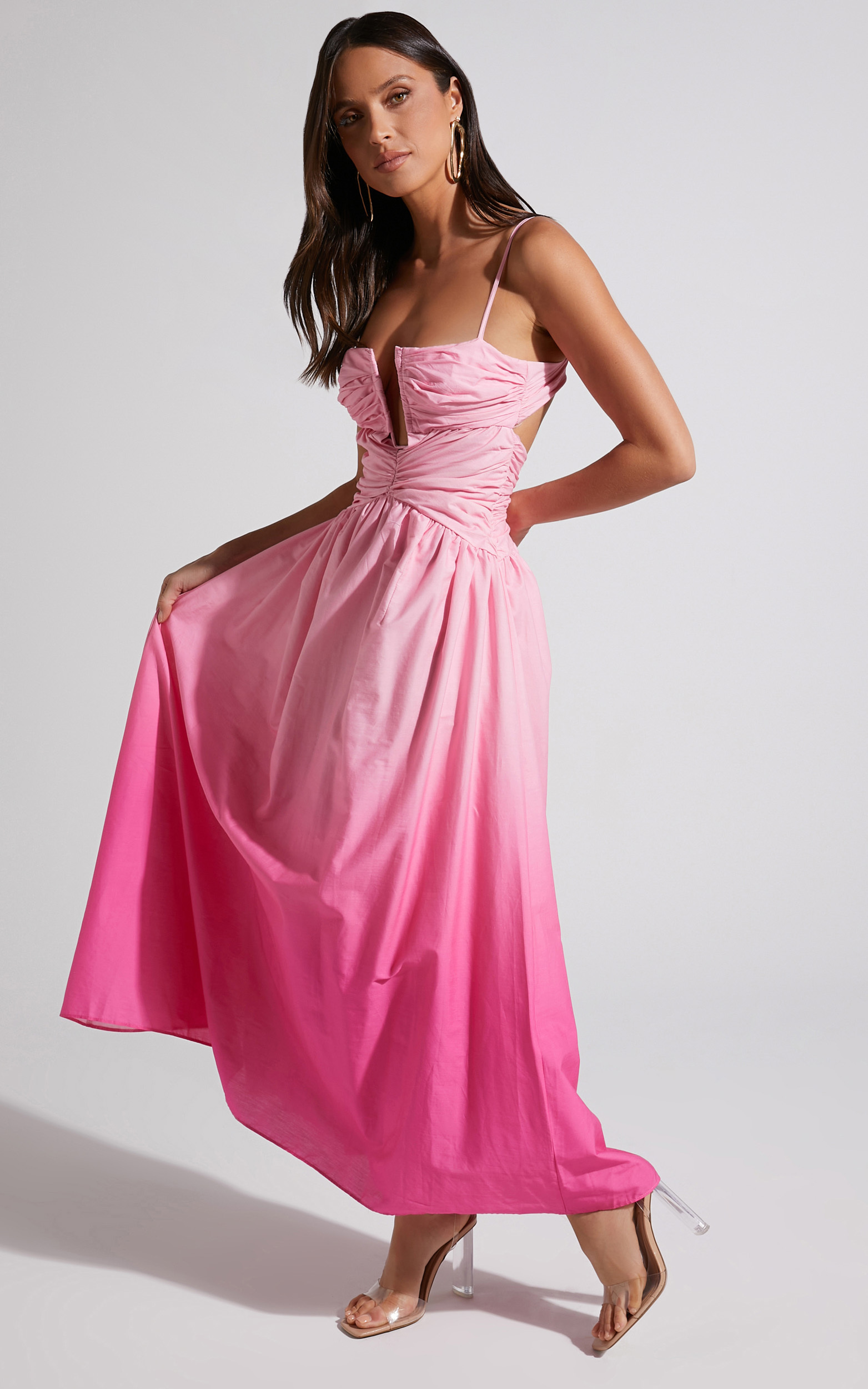 Gianna Square Neck Cut Out Bust Fit and Flare Maxi Dress in Pink Ombre - 06, PNK1, hi-res image number null