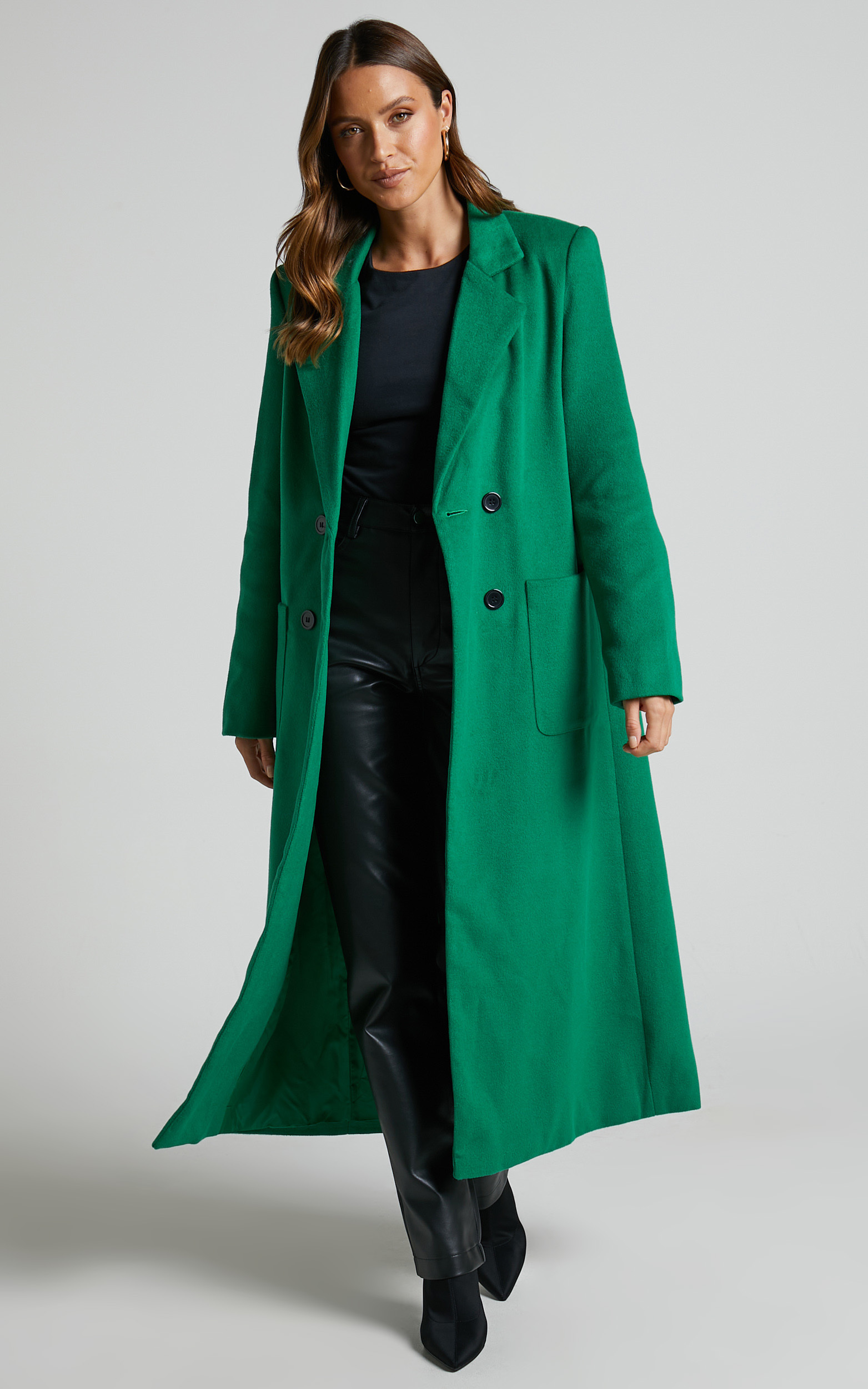 Jaya Double Breasted Collared Longline Coat in Green - 06, GRN1, hi-res image number null