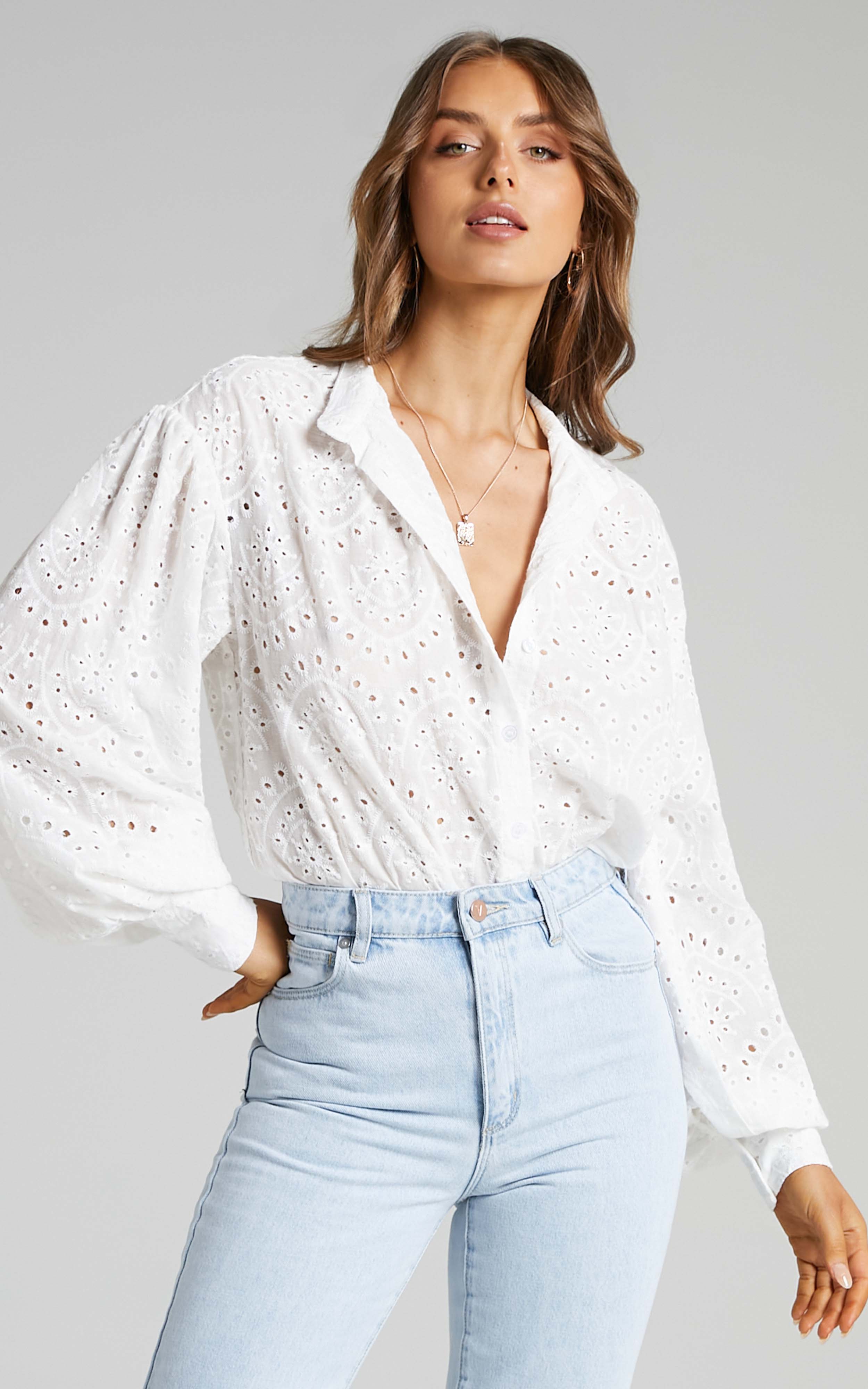 Helda Embroidered Balloon Sleeve Shirt in White - 04, WHT1, hi-res image number null