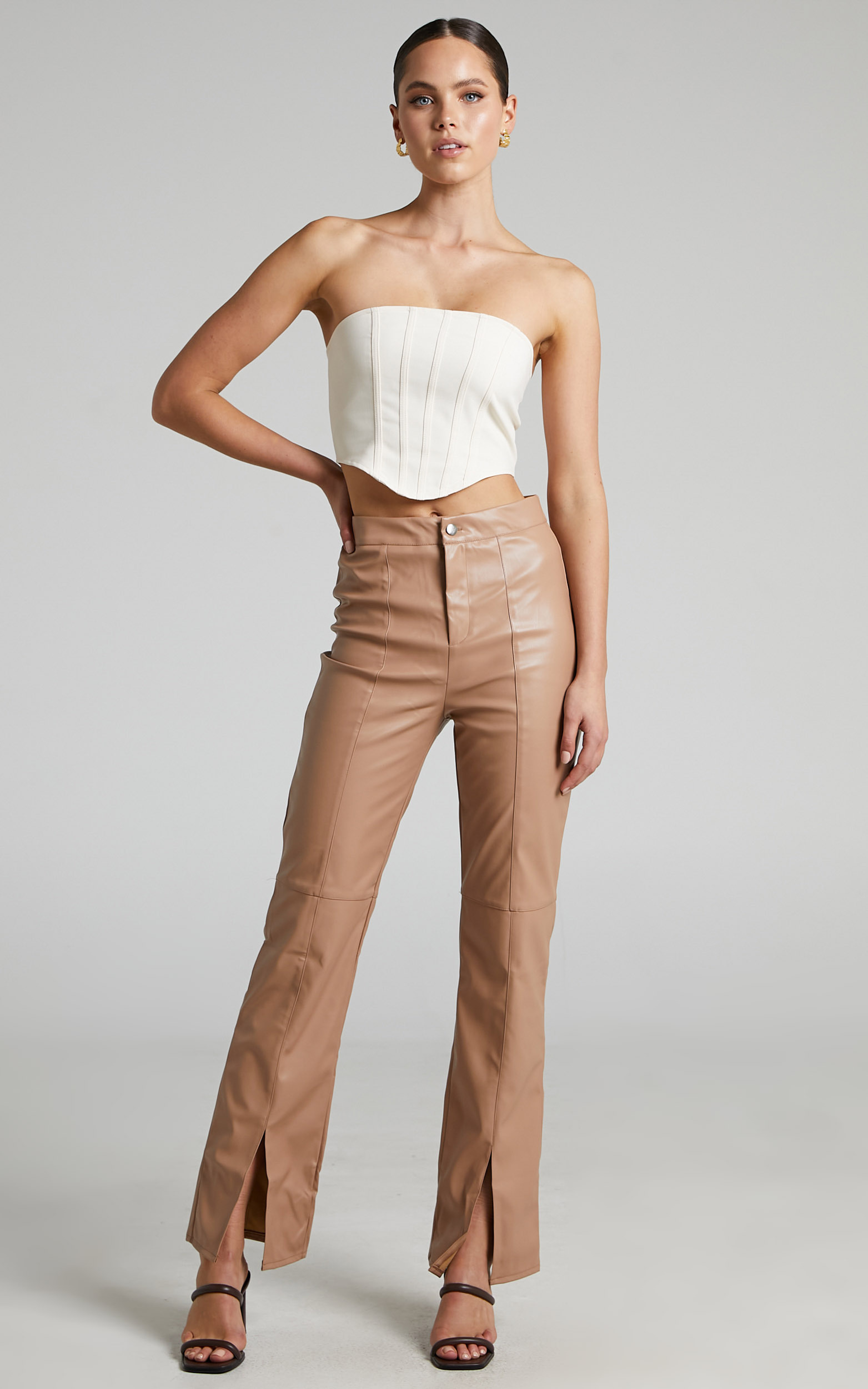 Evanthe High Waisted Split Front Faux Leather Trousers in Beige - 04, BRN2, hi-res image number null
