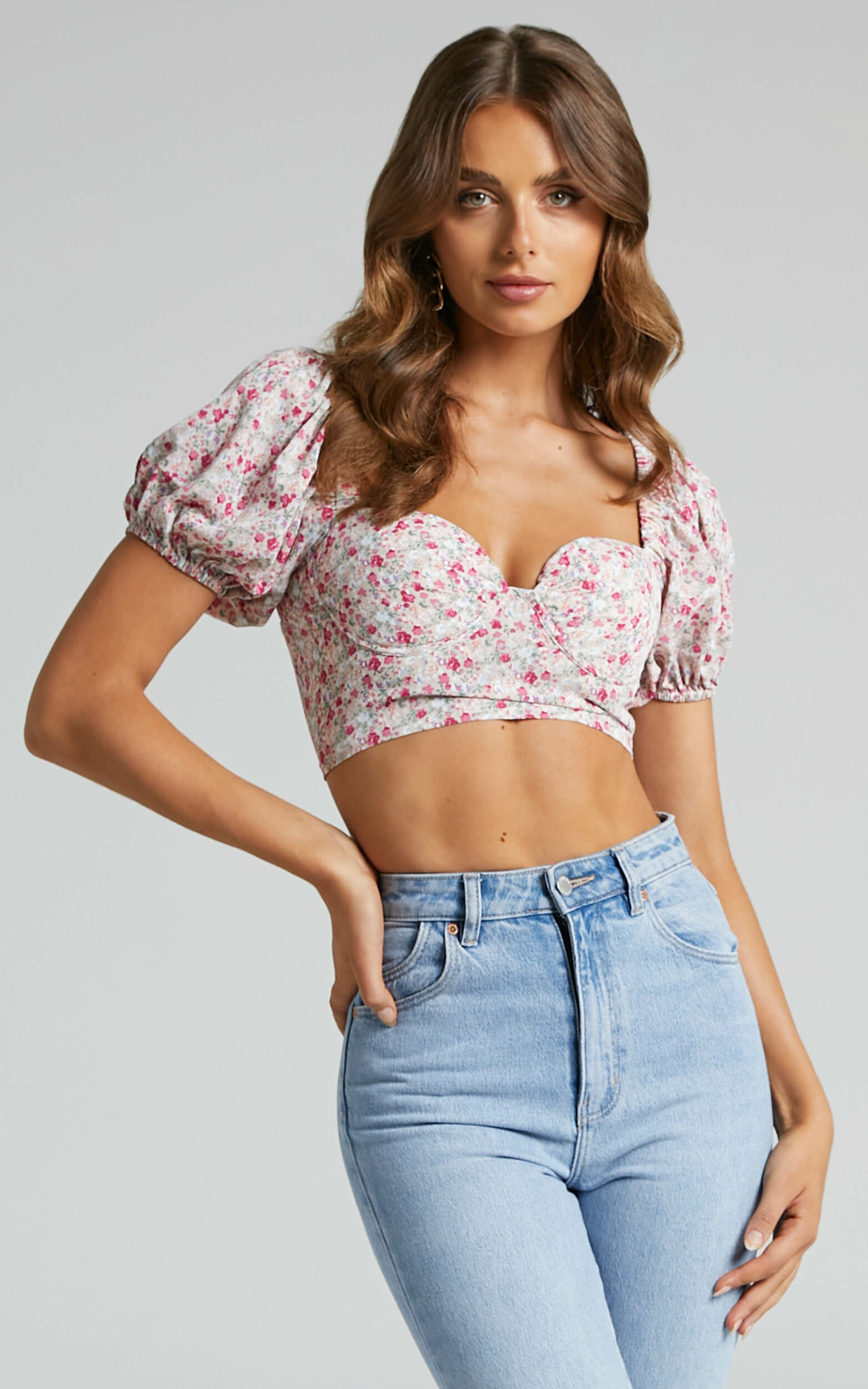 Solania Puff Sleeve Bust Cup Crop Top in White Floral - 04, WHT1, hi-res image number null
