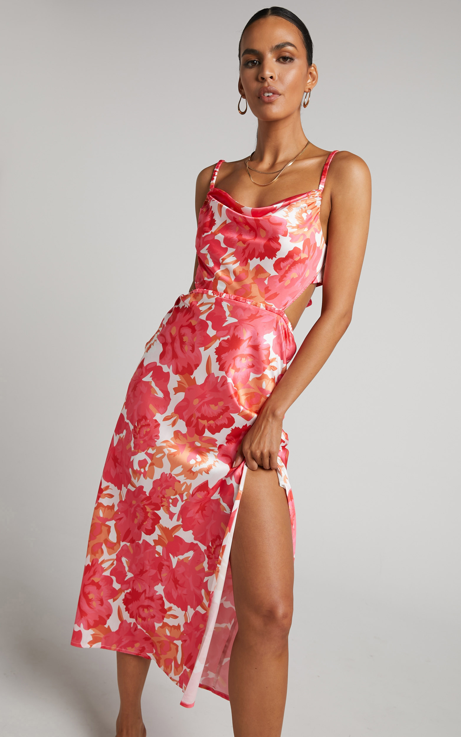 Loran Midi Dress - Cowl Neck Satin Slip Dress in Peony Blossom - 06, PNK1, hi-res image number null