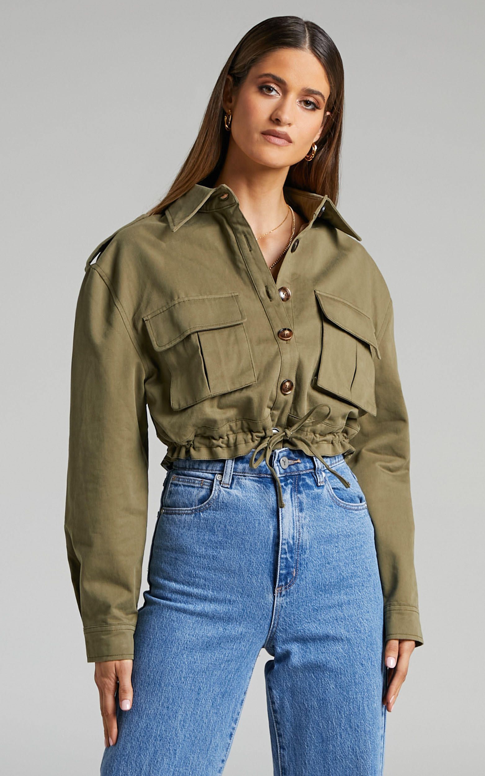 Karylle Cotton Cropped Utility Jacket in Khaki - 06, GRN1, hi-res image number null