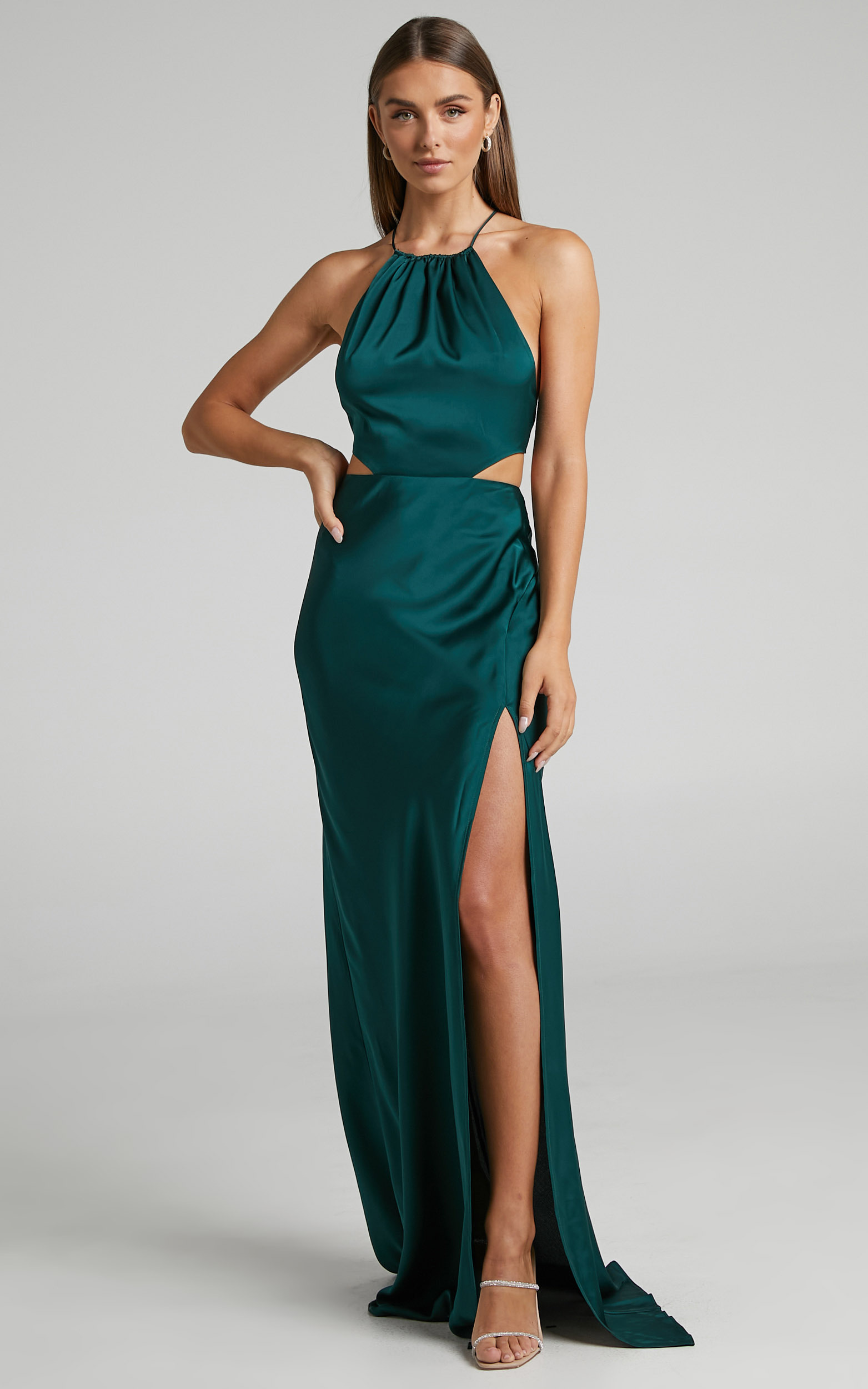 Azrael Maxi Dress - Thigh Split High Neck Tie Back Satin Dress in Emerald - 04, GRN2, hi-res image number null