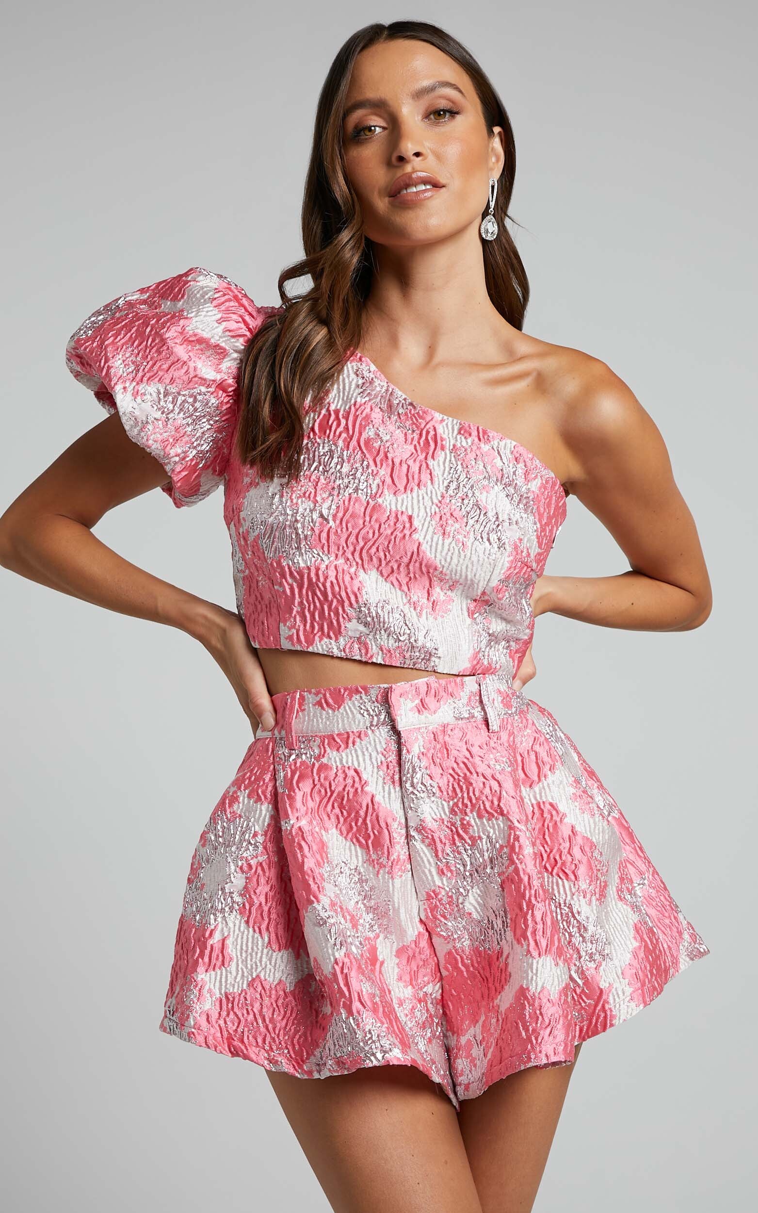 Brailey Two Piece Set - One Shoulder Puff Sleeve Top and Shorts Light Jacquard | Showpo USA