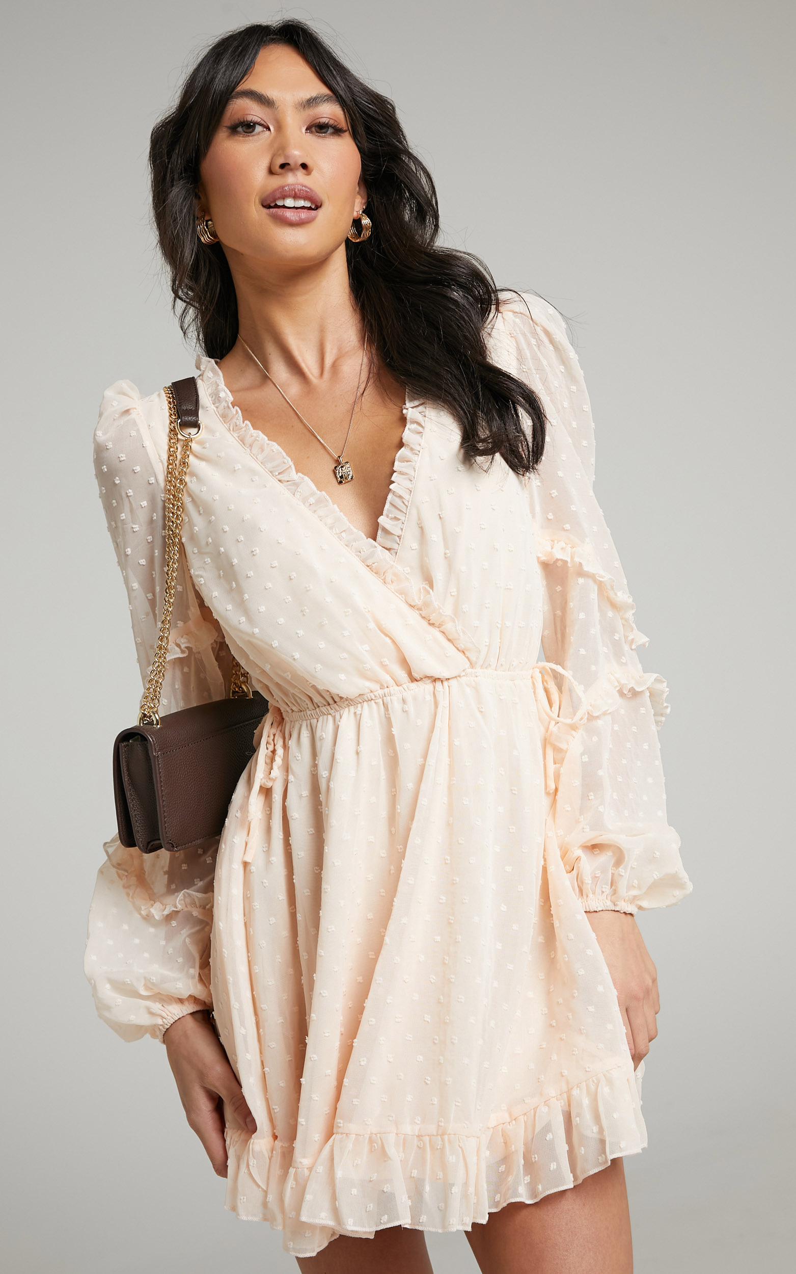Sancha Long Sleeve Frill Mini Dress in Cream - 06, BRN1, hi-res image number null
