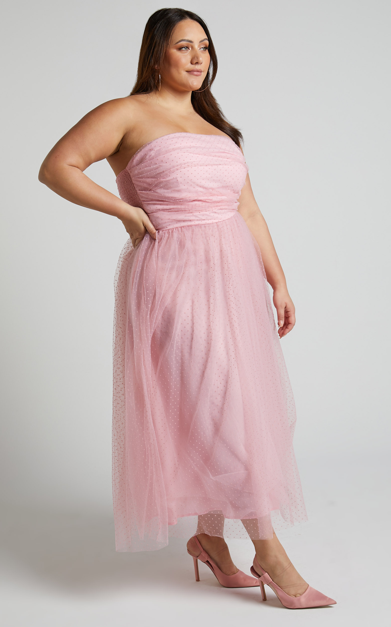 Jesslou Strapless Ruched Bodice Tulle Midi Dress in Pale Pink | Showpo USA