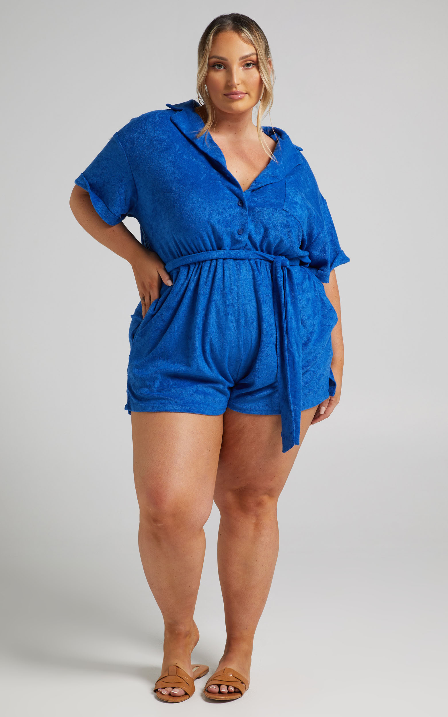 Akaithy Terry Towelling Collared Playsuit in Blue - 04, BLU1, hi-res image number null