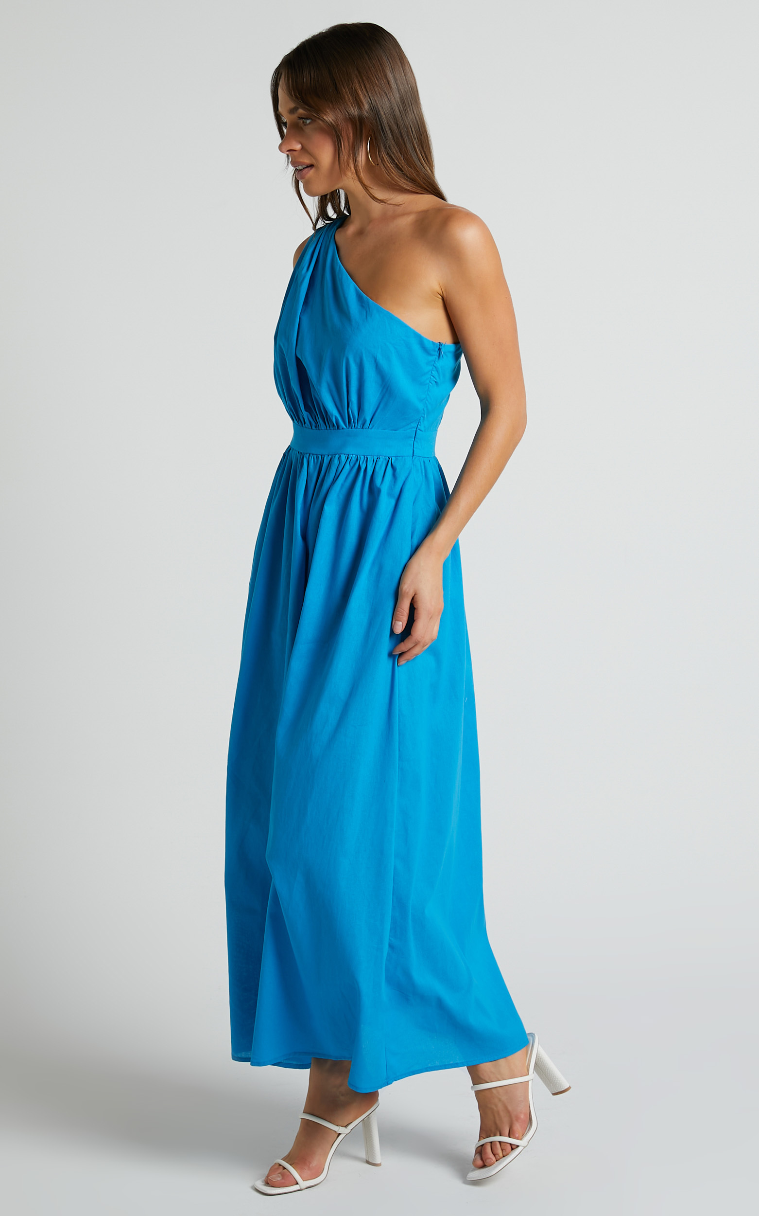 Narina Midaxi Dress - One Shoulder Ruched Bodice A Line in Blue | Showpo