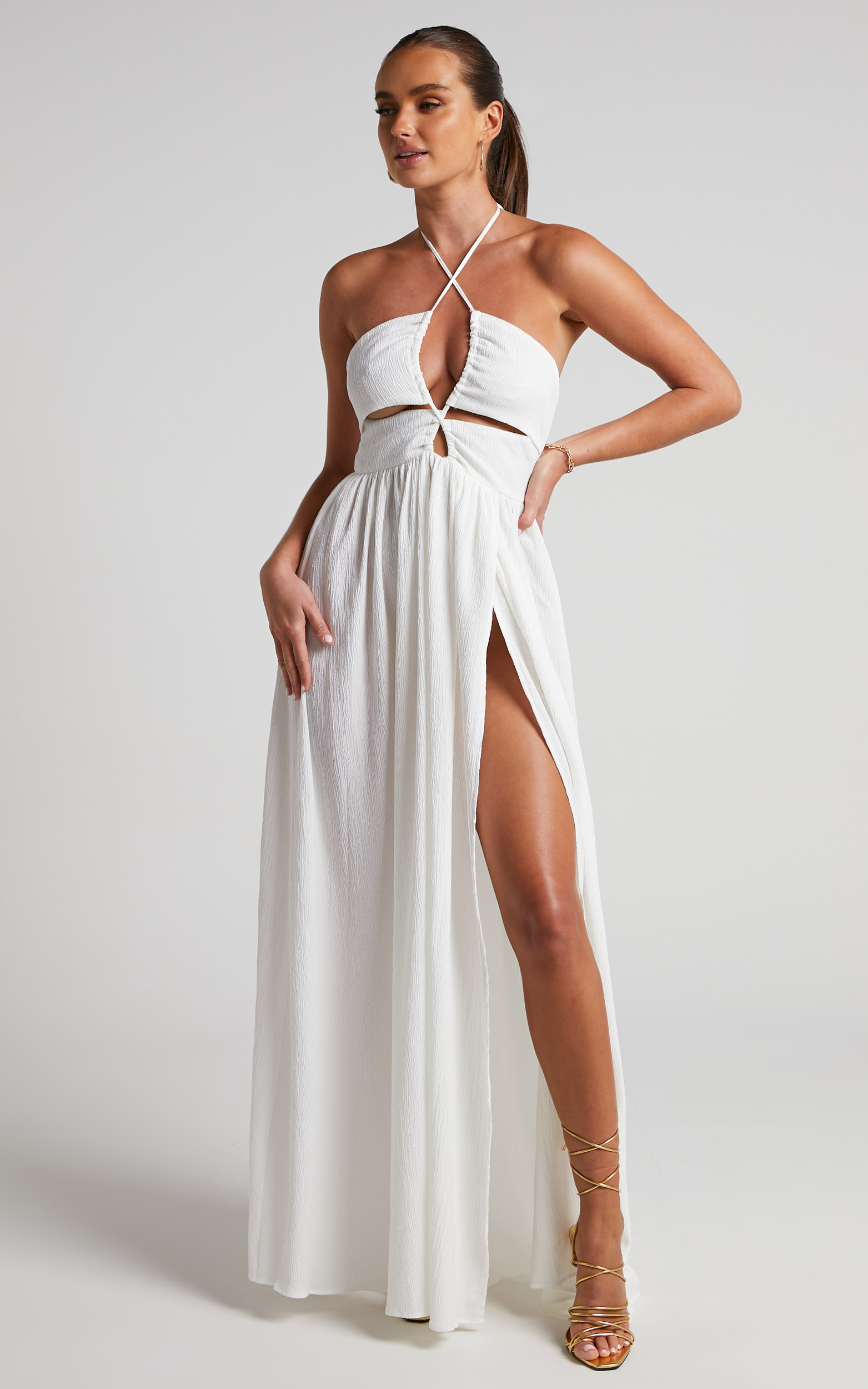 Isabeau Maxi Dress - High Slit Strappy Halter Dress in White - 06, WHT1, hi-res image number null