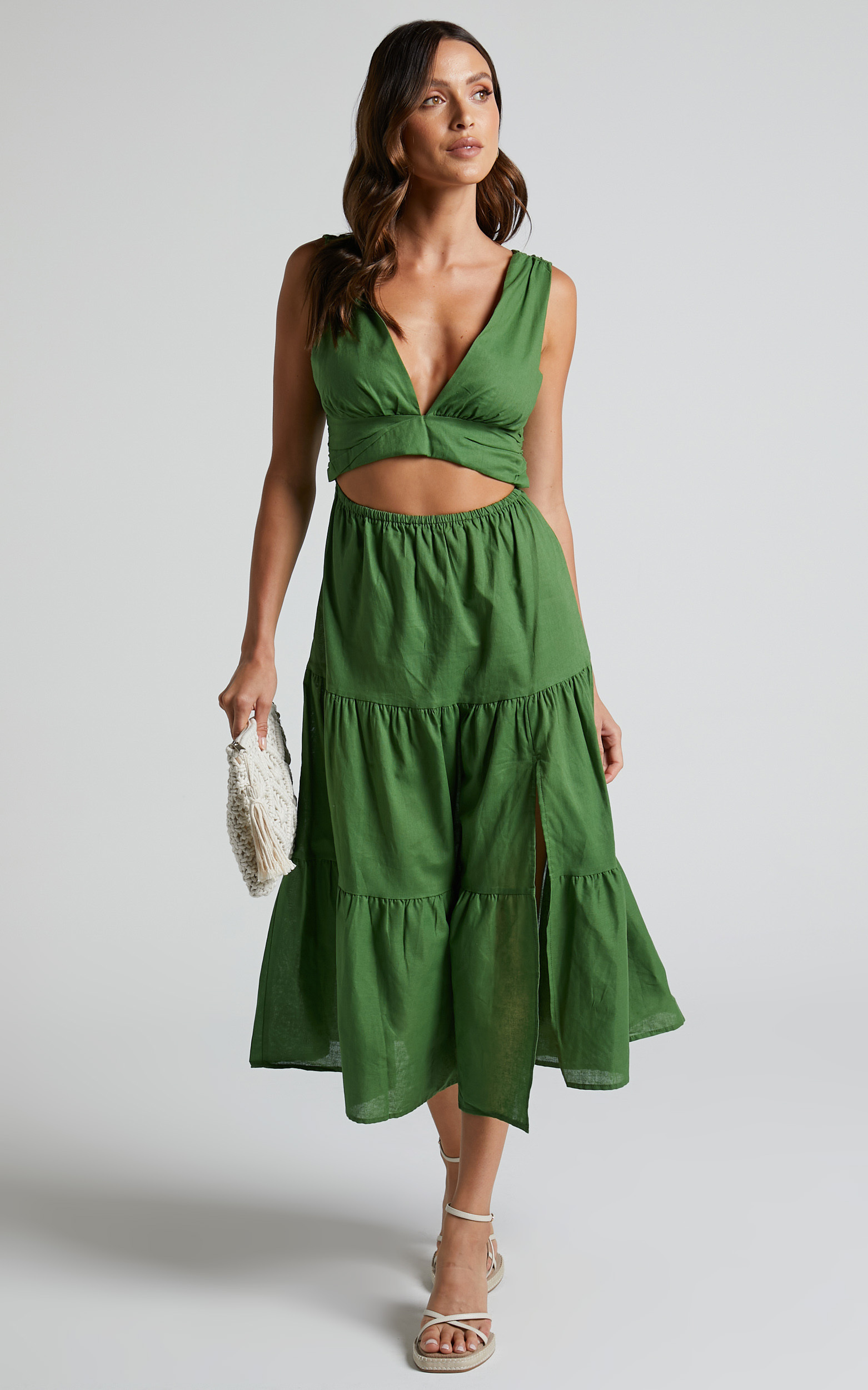 Spencer V Neck Cut Out Tiered Midi Dress in Green - 06, GRN1, hi-res image number null