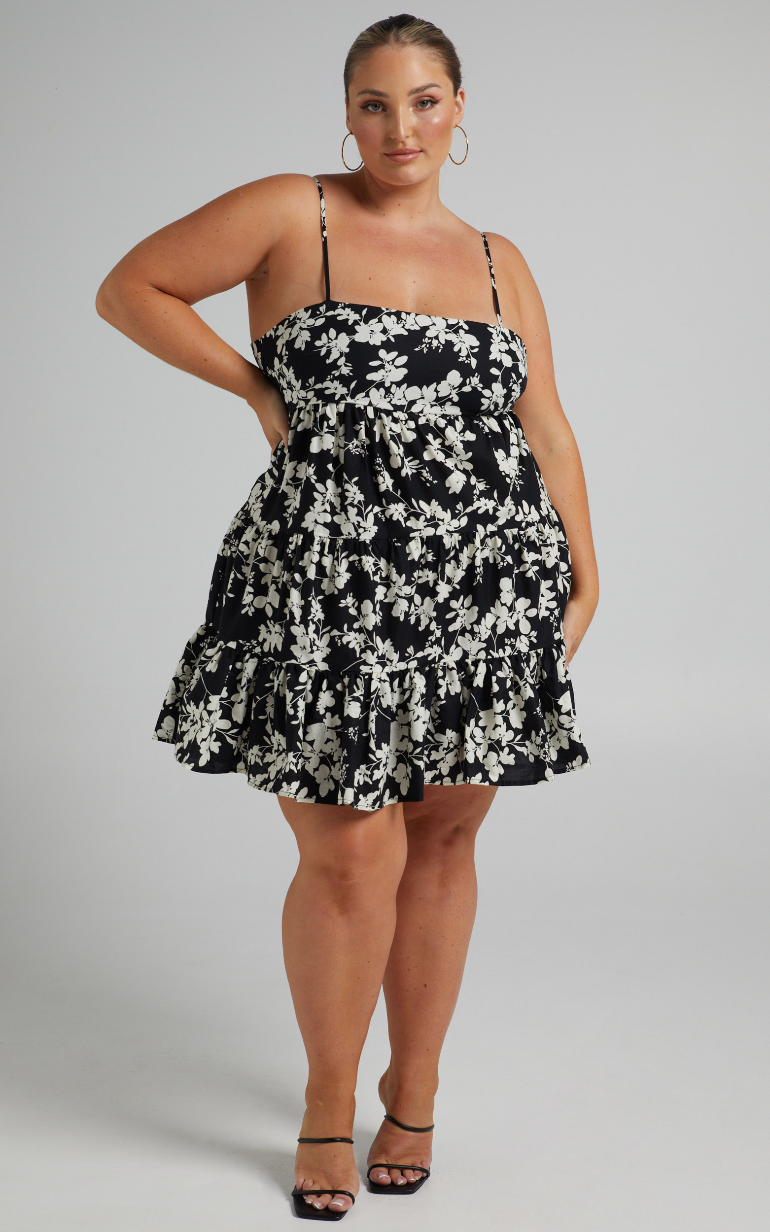 Lorelle Straight Neck Tiered Mini Dress in Black Floral - 04, BLK2, hi-res image number null