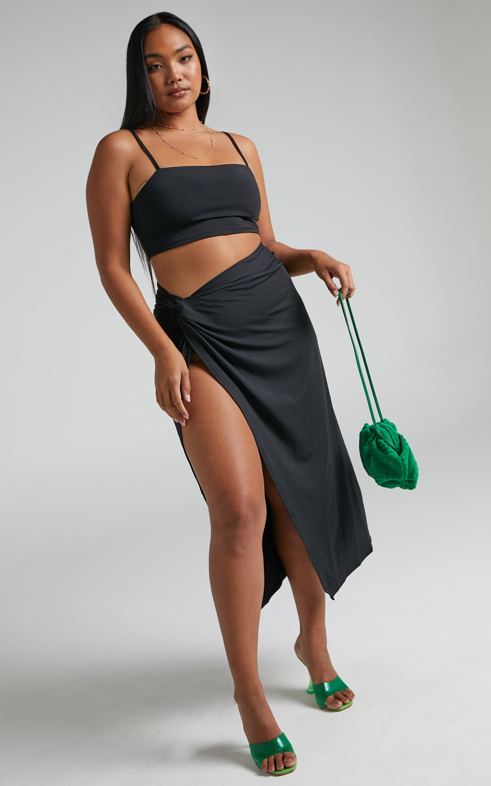 Lalisa Crop Top and Draped Side Split Midi Skirt Two Piece Set in Black - 10, BLK1, hi-res image number null