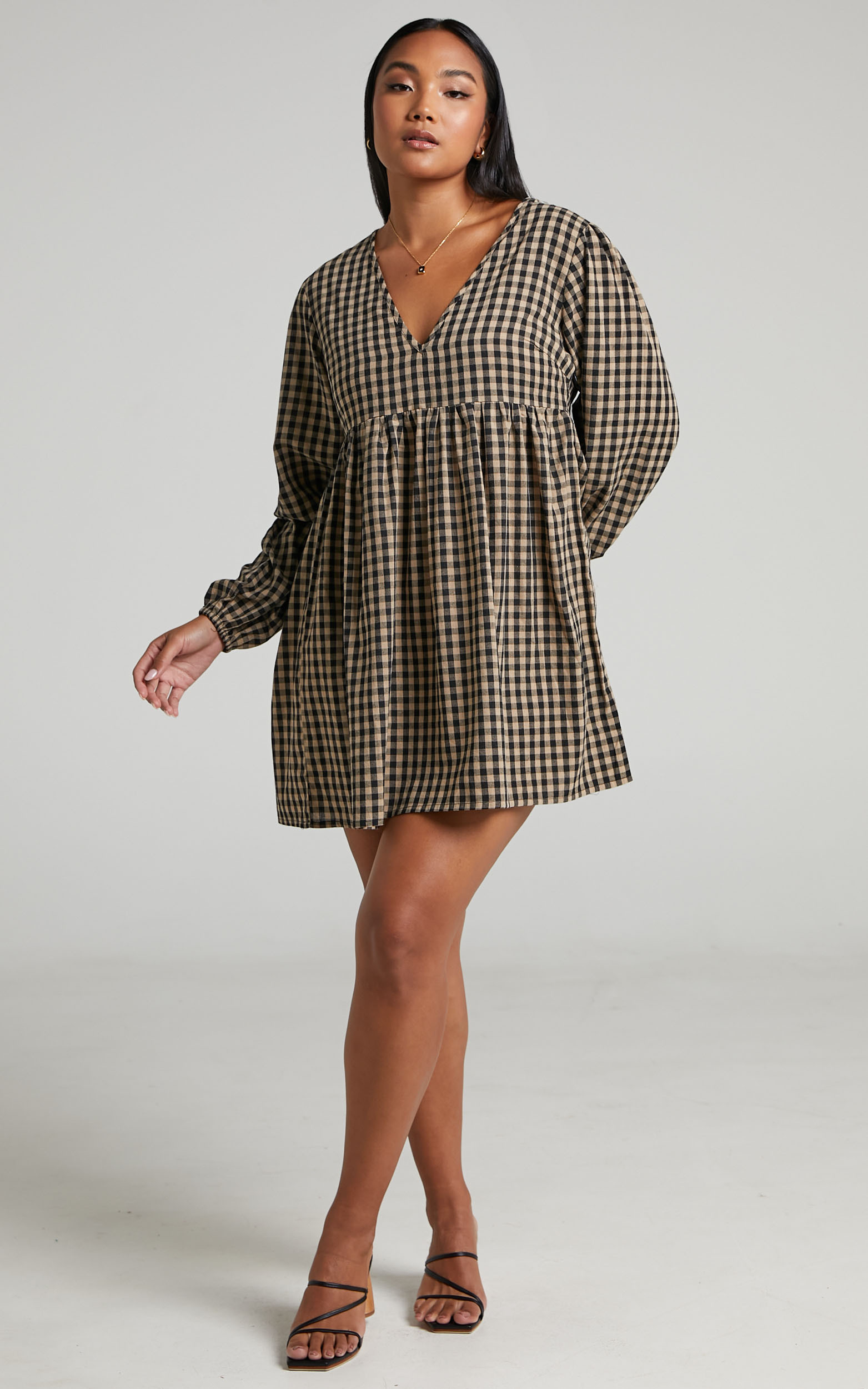 Kamrin Long Sleeve Mini Shift Dress in Gingham - 04, BLK1, hi-res image number null