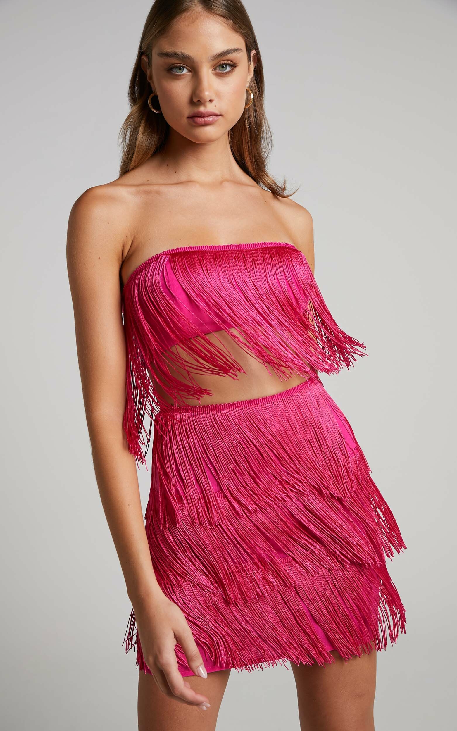 Siofra Two Piece Set Fringe Crop Top and Mini Skirt in Hot Pink | Showpo USA