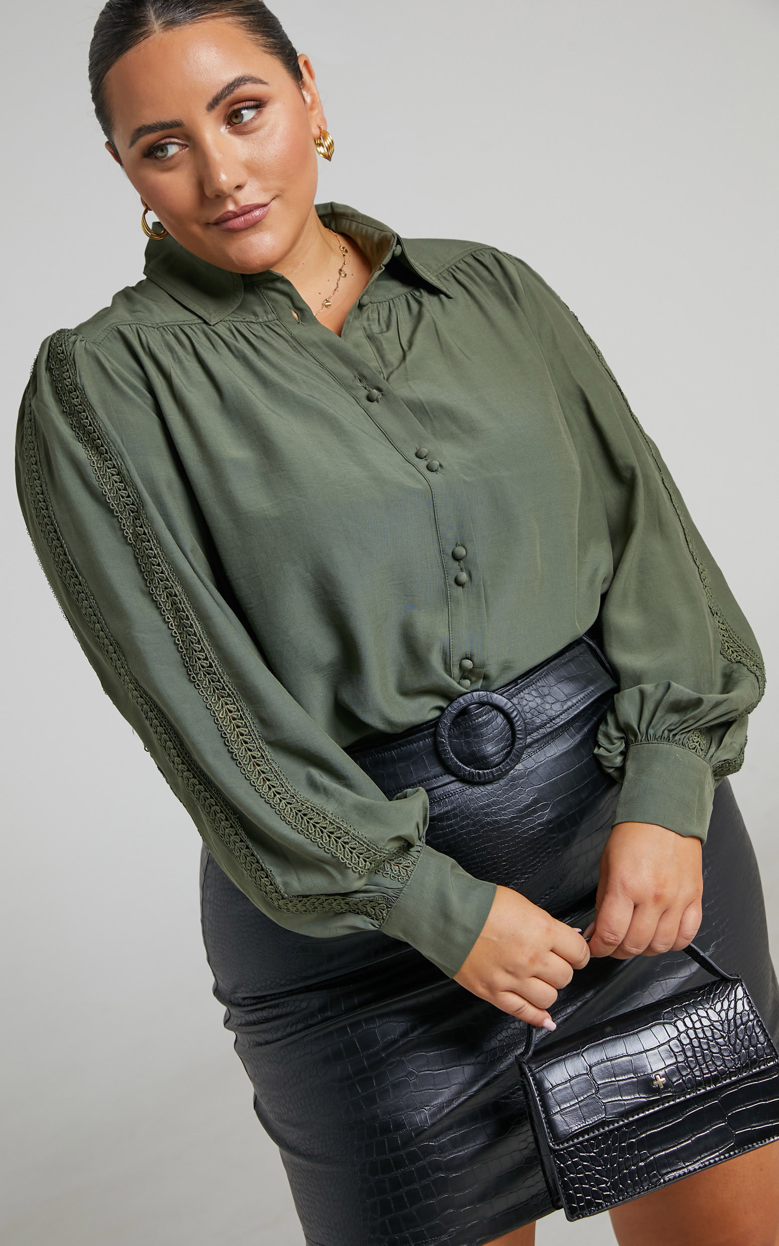 Veah Double Button Long Sleeve Blouse in Olive - 04, GRN1, hi-res image number null