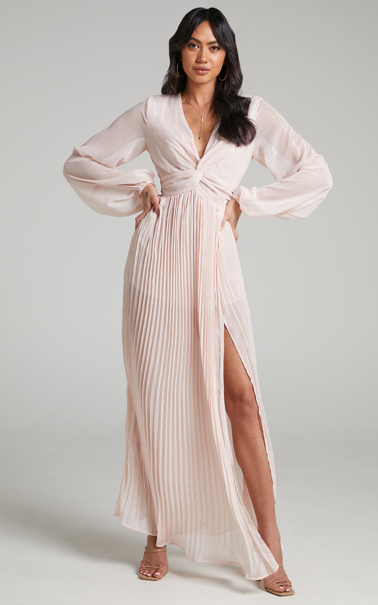Alona Long Sleeve Twist Front Pleated Maxi Dress in Pink - 04, PNK2, hi-res image number null