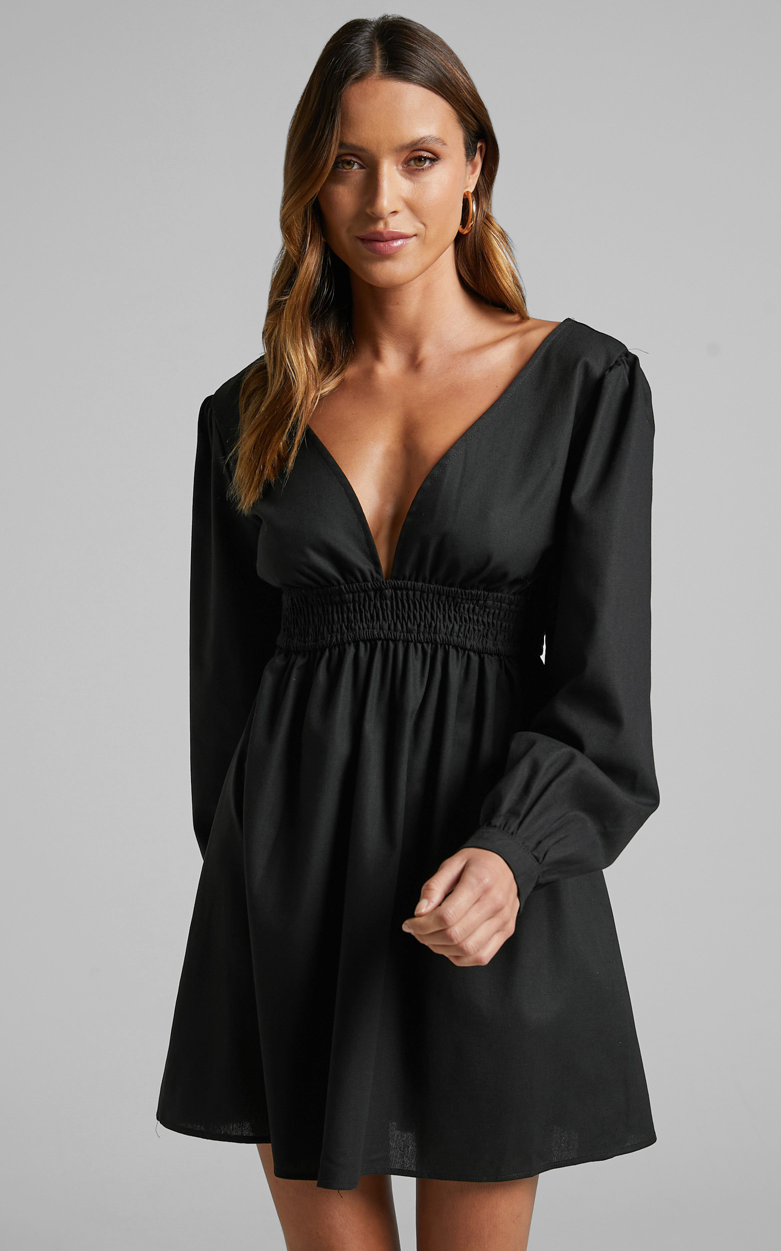 Lheya Long Sleeve Plunge Neckline A Line Mini Dress in Black - 06, BLK1, hi-res image number null