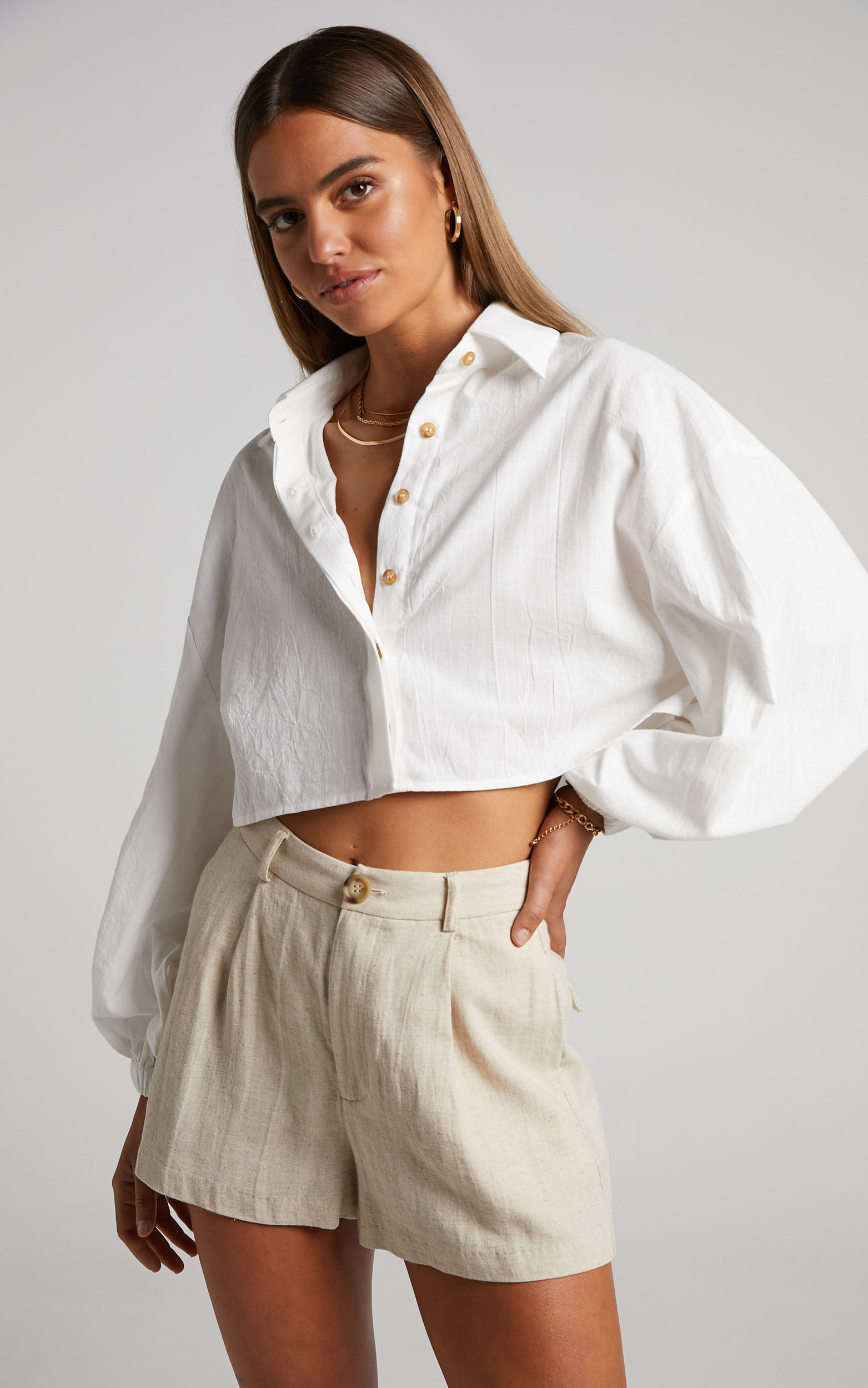 Marsha Shirt - Cropped Long Sleeve Button Up Shirt in White - 04, WHT1, hi-res image number null