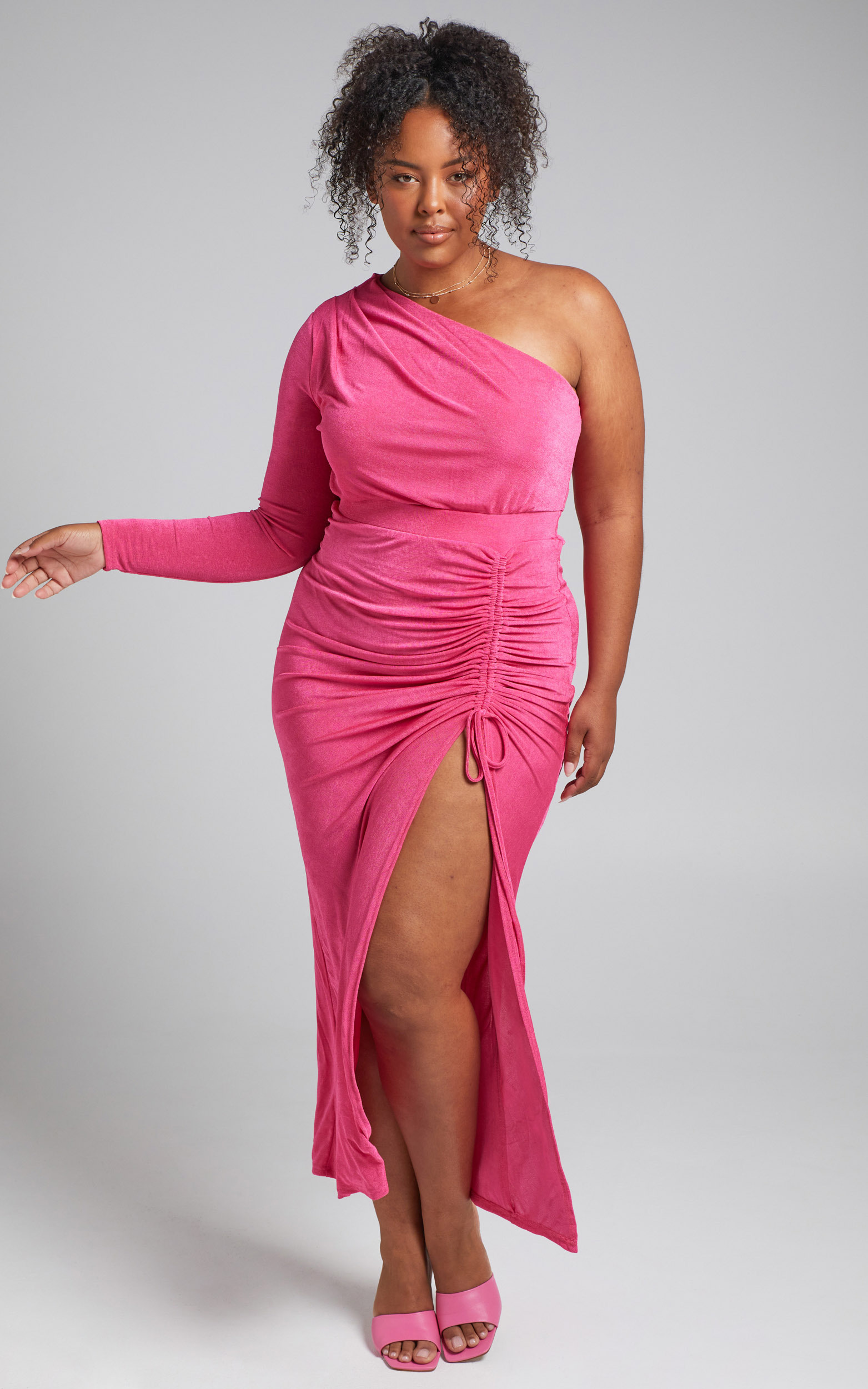 Eleiza One Shoulder Ruched Midi Dress in Hot Pink - 04, PNK2, hi-res image number null
