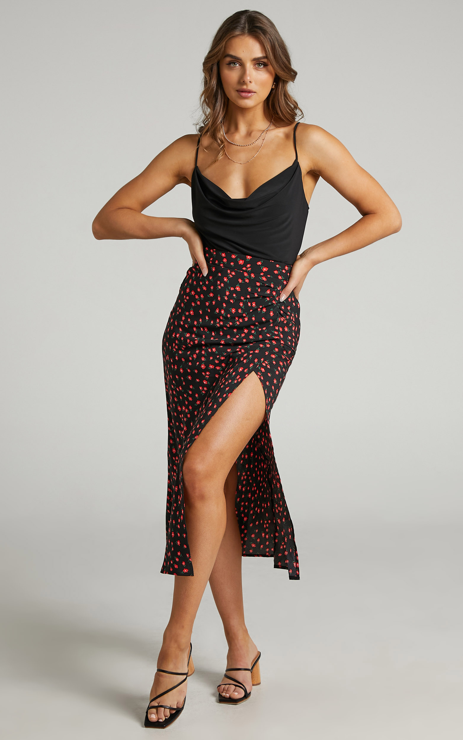 Evelyn Midi Skirt with Side Split in Black Floral - 06, BLK1, hi-res image number null