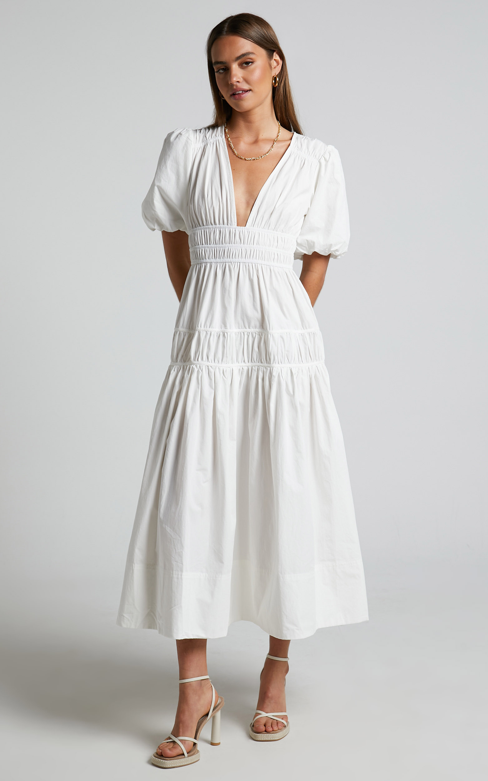 Mellie Midi Dress - Puff Sleeve Plunge Tiered Dress in White - 04, WHT2, hi-res image number null