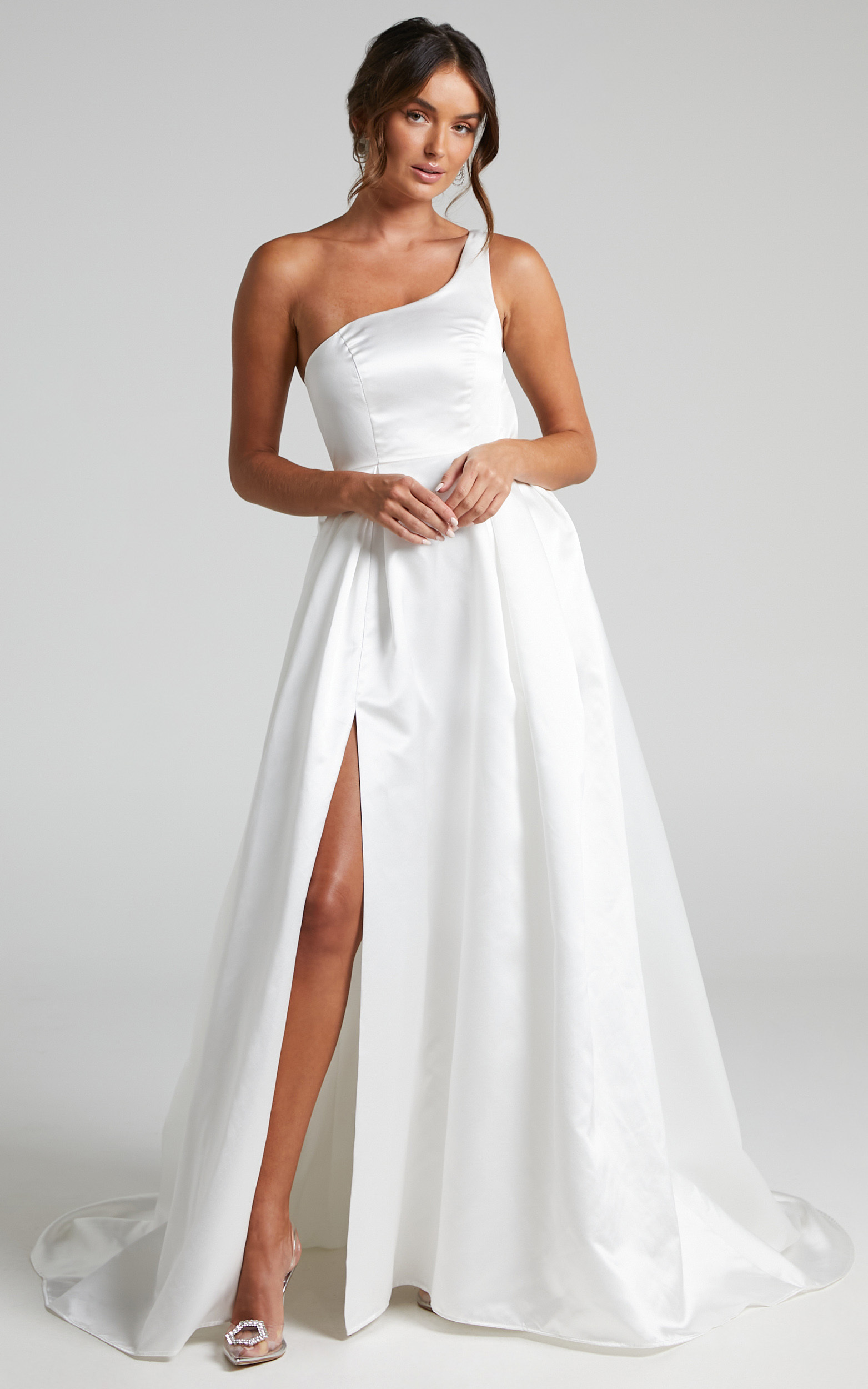 Desire Me One Shoulder Thigh Split Gown in Ivory Satin - 04, WHT1, hi-res image number null