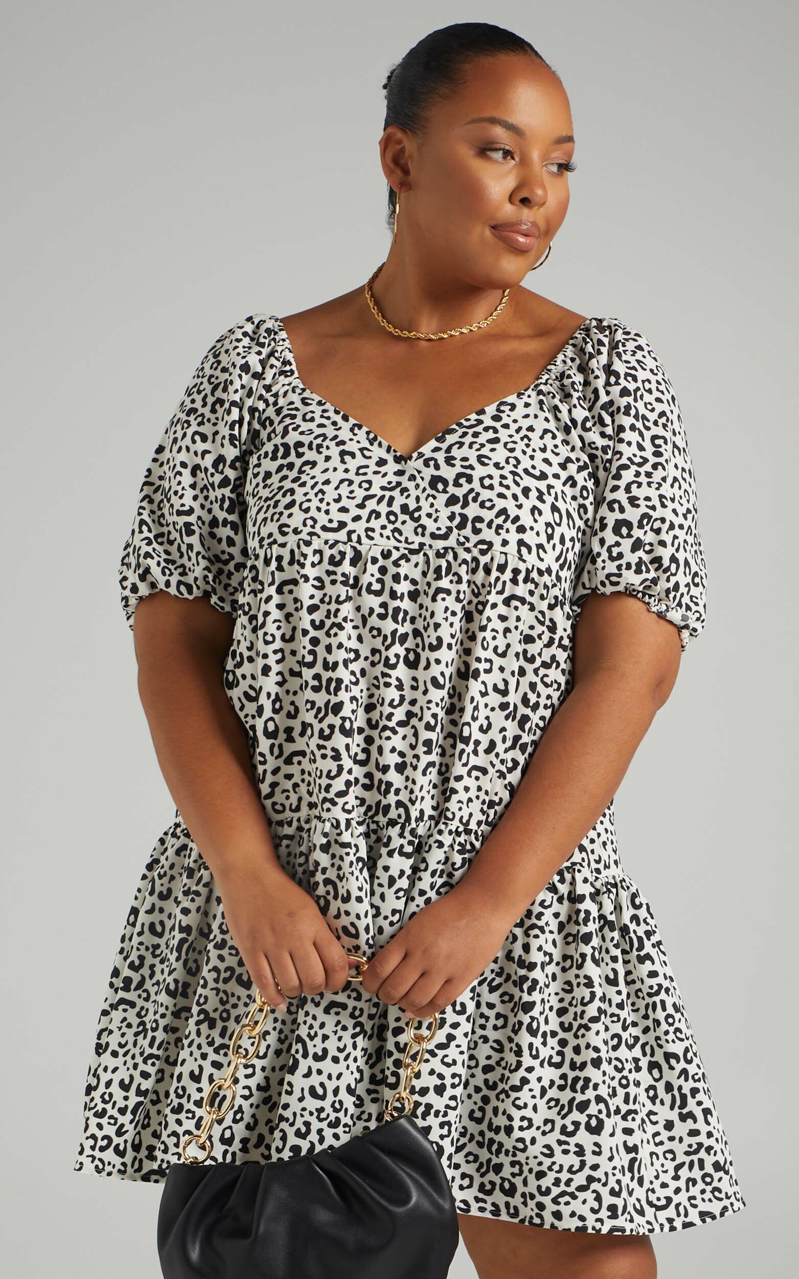 Maggie Puff Sleeve Tiered Mini Dress in Black Print - 04, BLK1, hi-res image number null