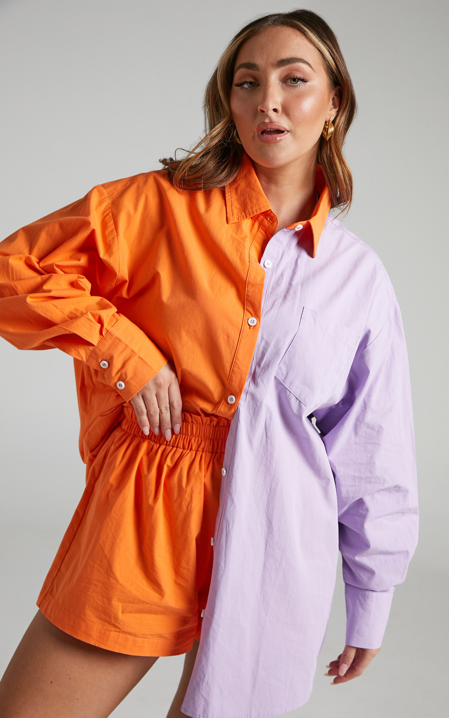 Roewe Colour Block Oversized Shirt in Orange & Lilac - 04, ORG4, hi-res image number null