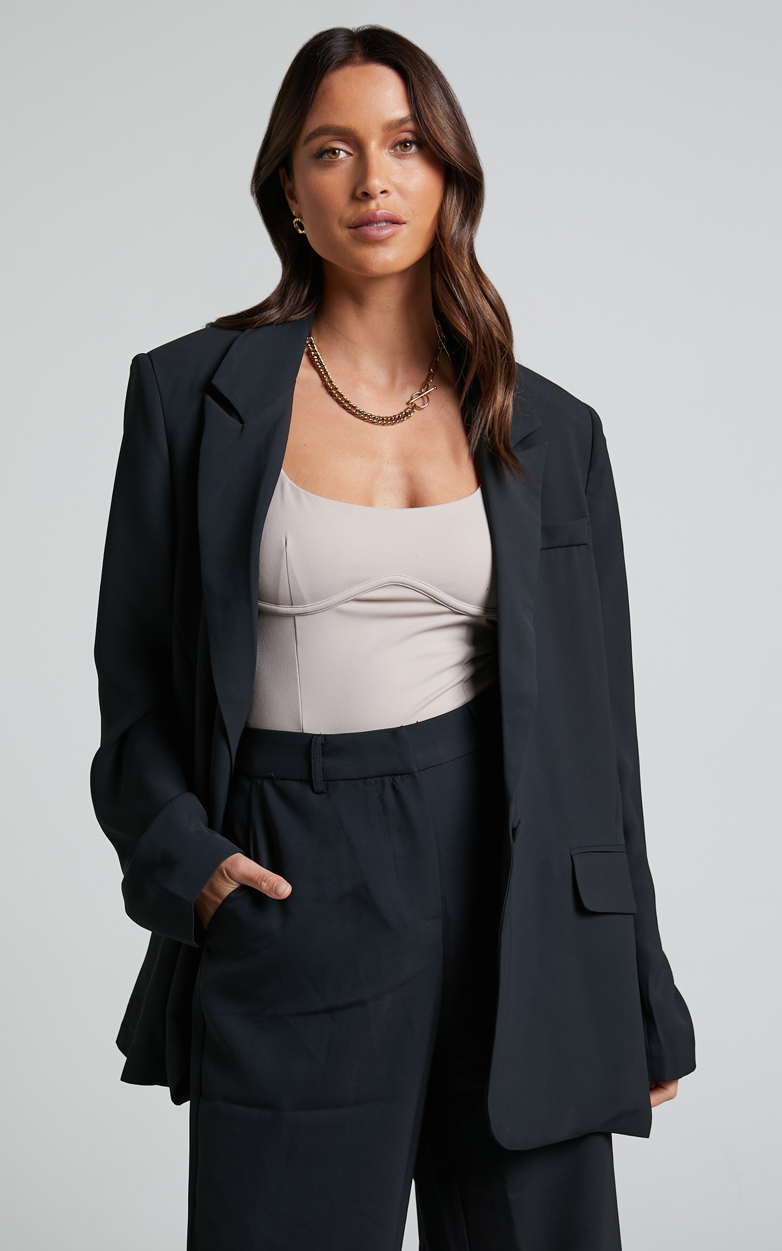 Michelle Oversized Plunge Neck Button Up Blazer in Black - 06, BLK2, hi-res image number null
