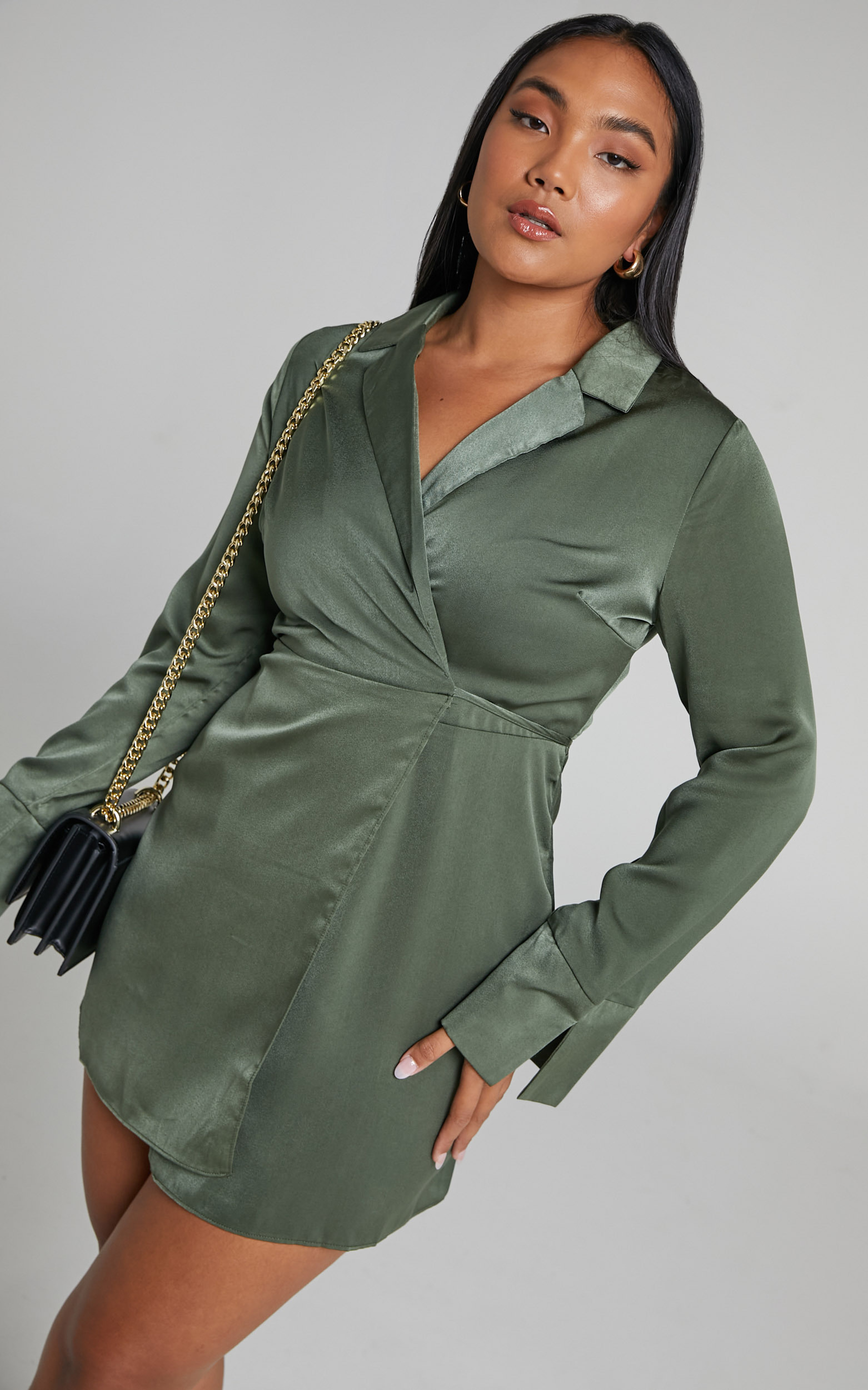 Hayami Collared Long Sleeve Wrap Mini Dress in Olive - 04, GRN1, hi-res image number null