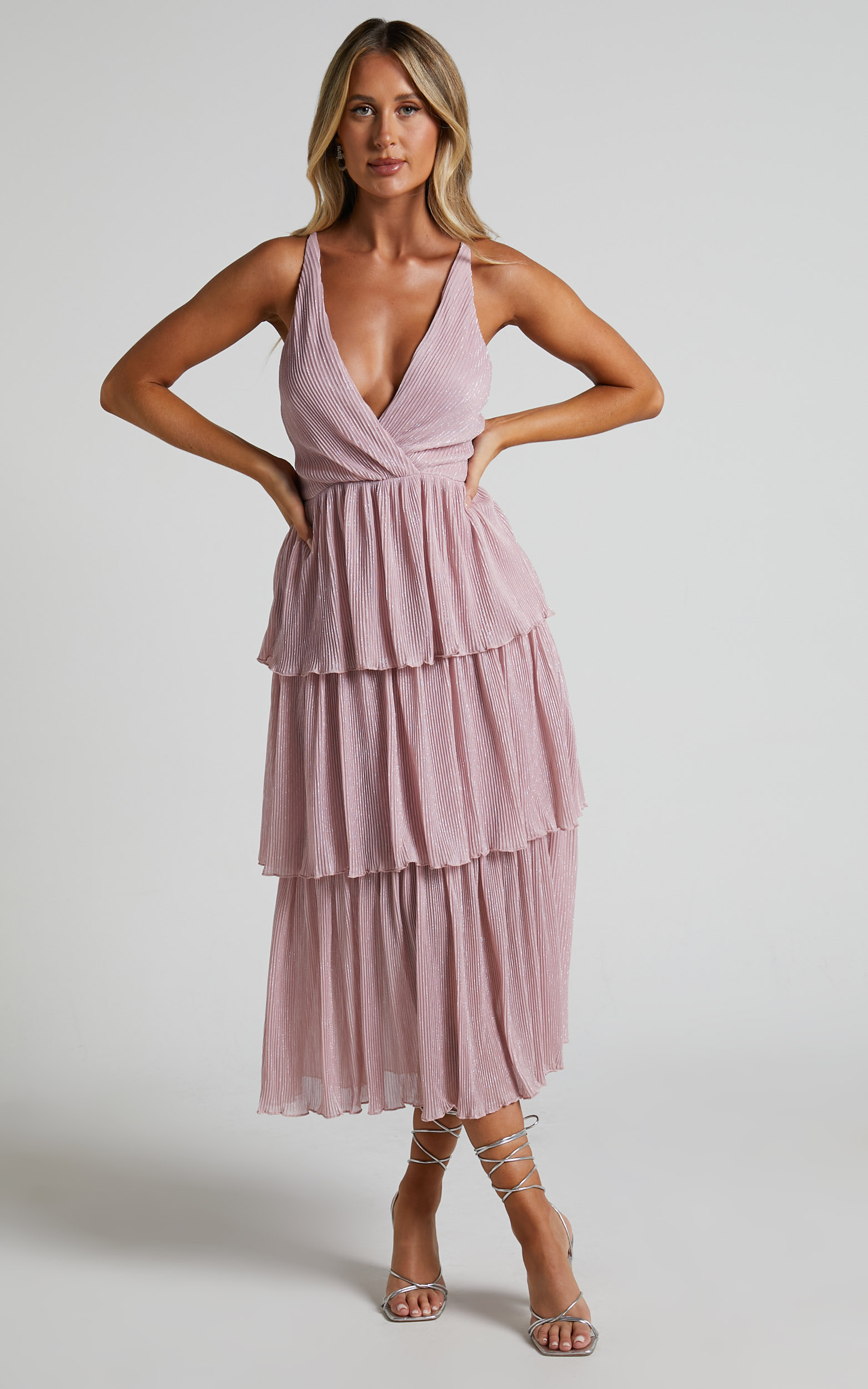 Cayla V Neck Wrap Tiered Sheer Midi Dress in Pink - 06, PNK1, hi-res image number null