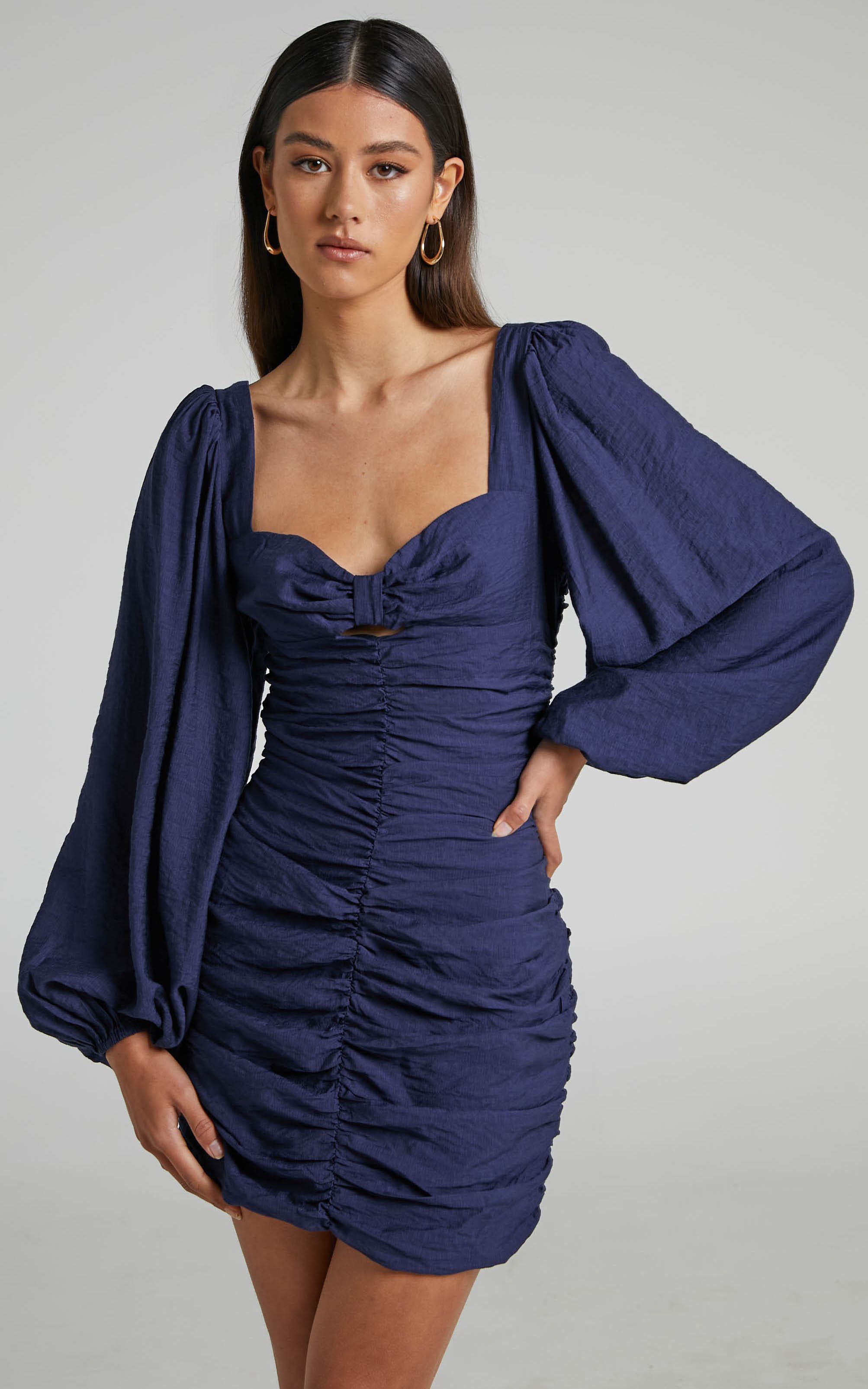 Kilian Ruched Long Sleeve Mini Dress in Navy - 04, BLU1, hi-res image number null