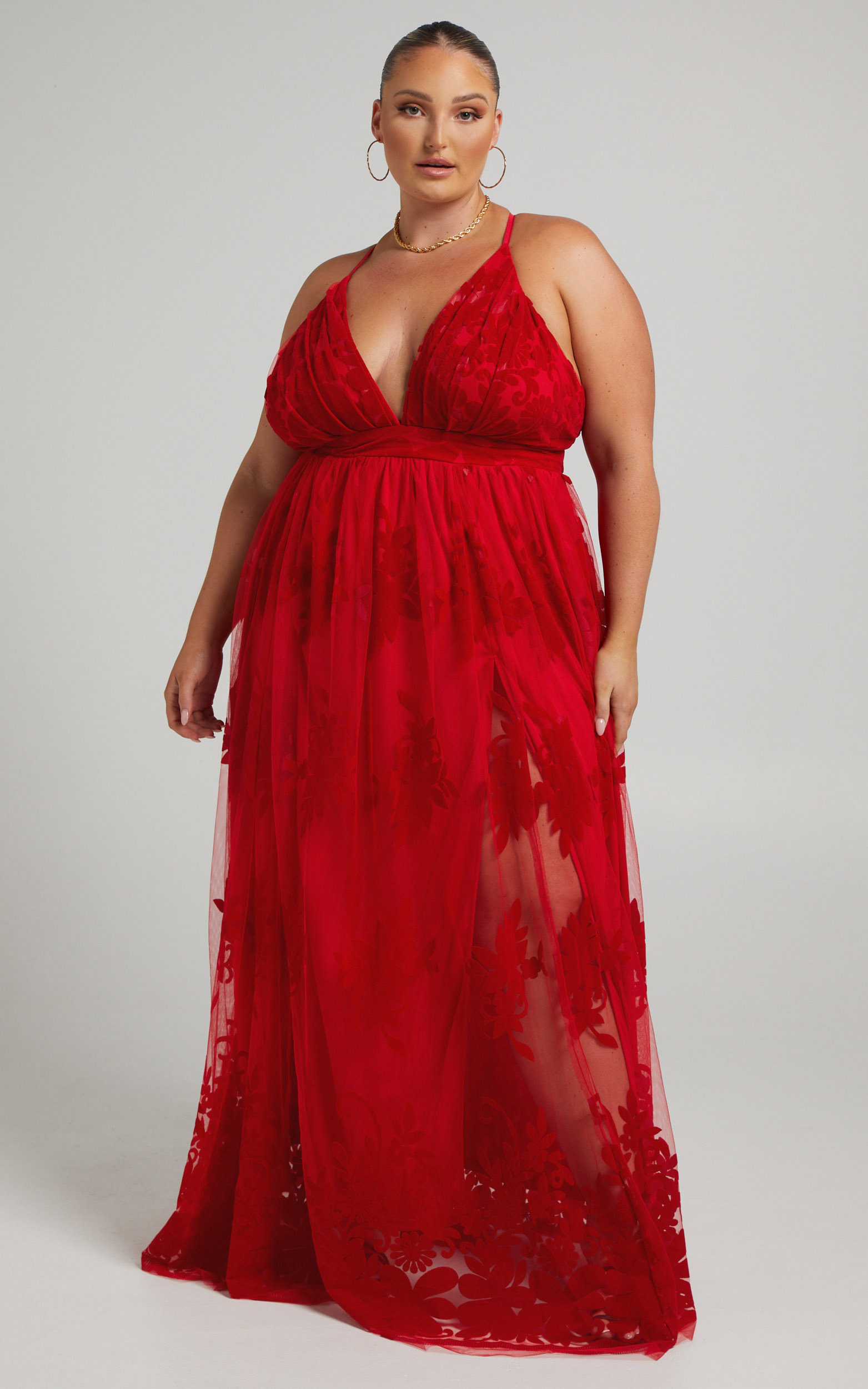 Marissa Velvet Applique Tulle Plunge Maxi Dress in Red - 04, RED2, hi-res image number null