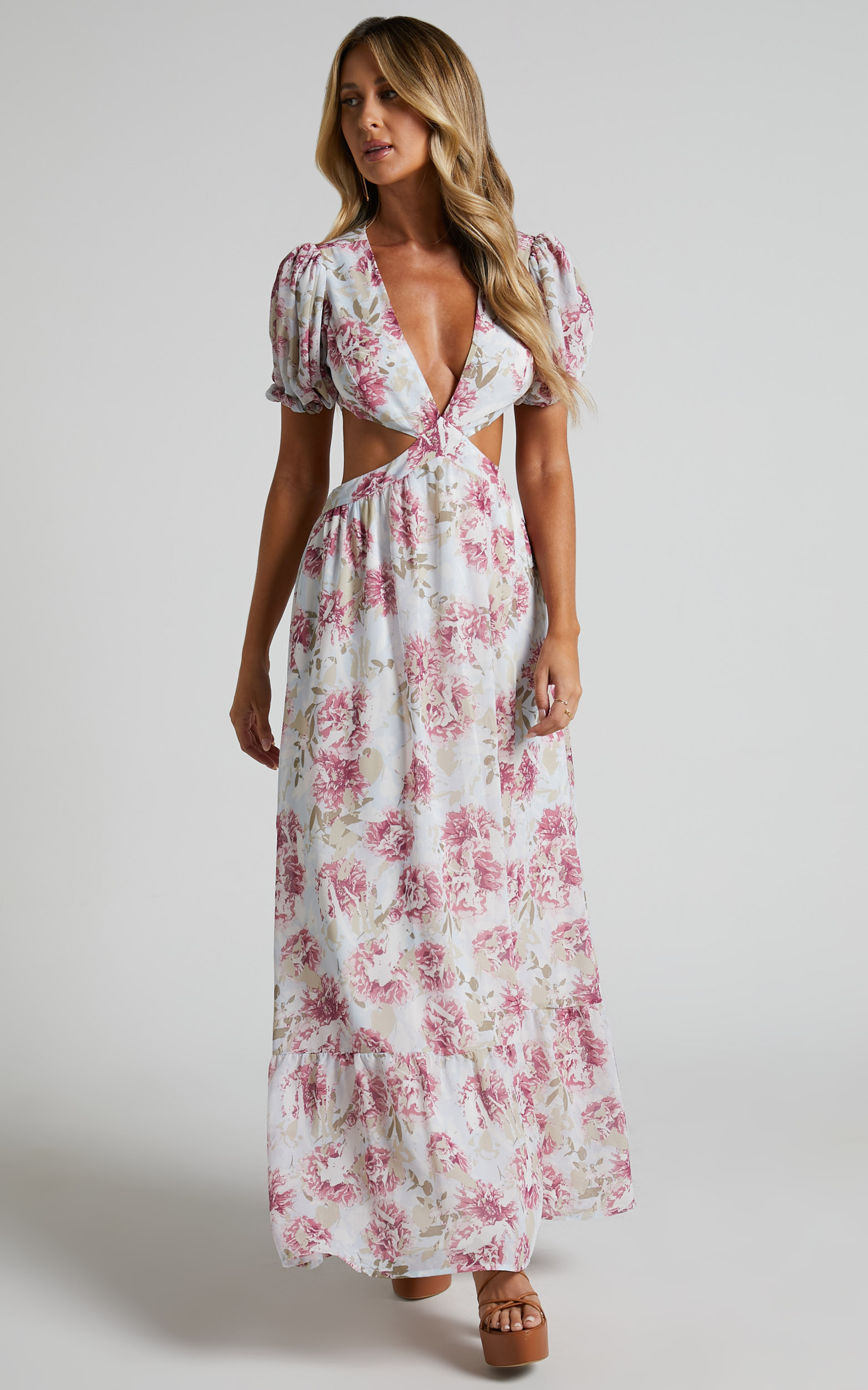 Addy Side Cut Out Balloon Sleeve Maxi Dress in White Floral - 06, WHT1, hi-res image number null