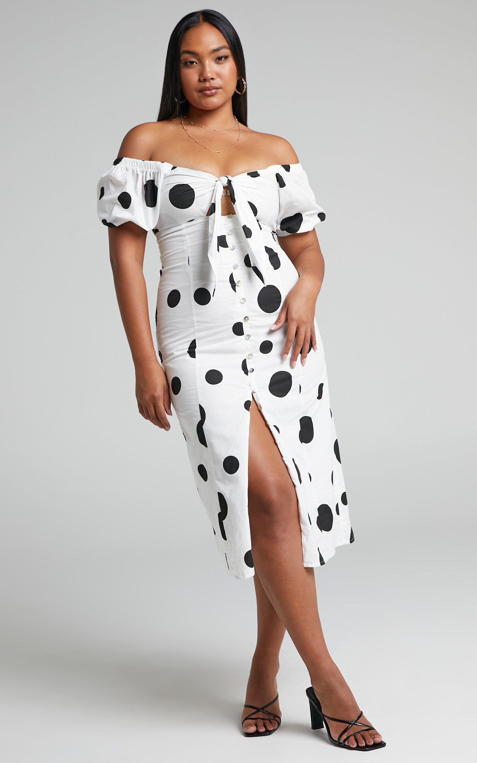 Roybeth Tie Bust Button Front Puff Sleeve Midi Dress in Black Spot - 06, WHT1, hi-res image number null